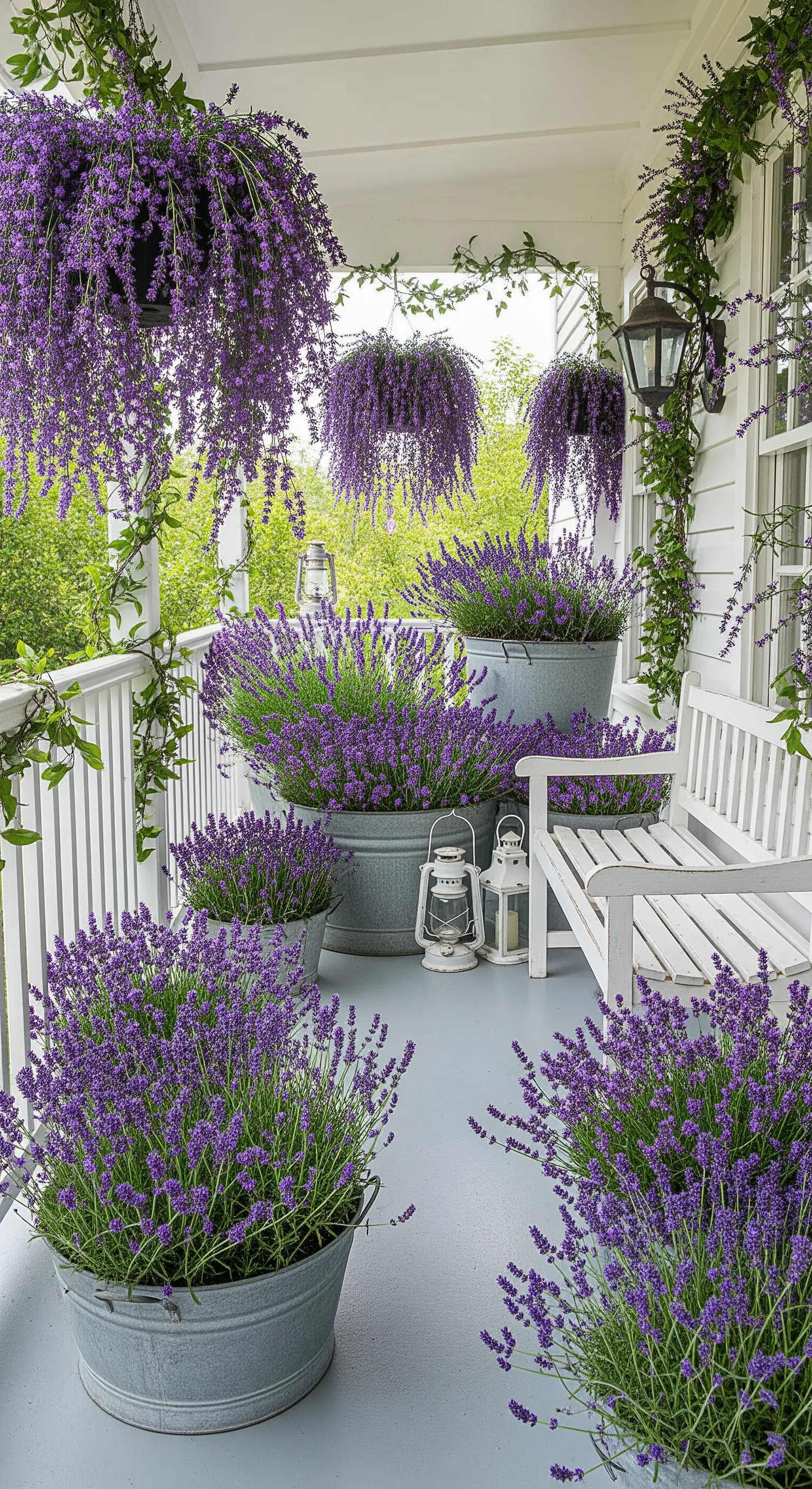 Portico bianco invaso da abbondanti piante di lavanda in grandi contenitori di zinco.
