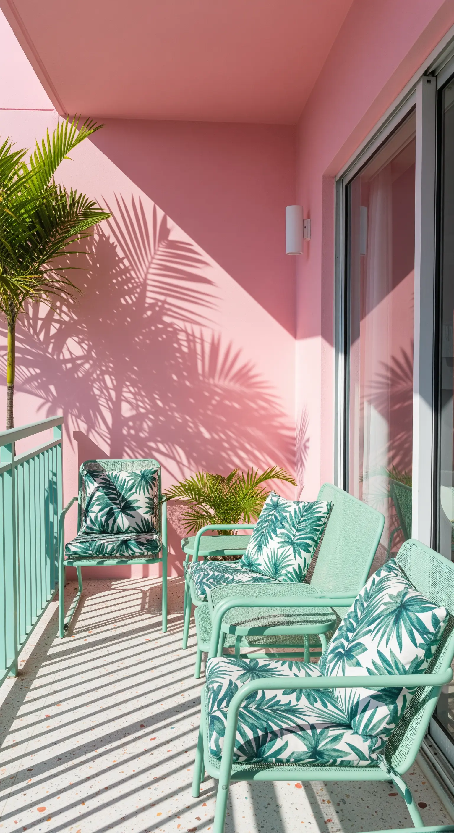 Balcone con pareti rosa, sedie verde menta e cuscini con stampa a foglia di palma.