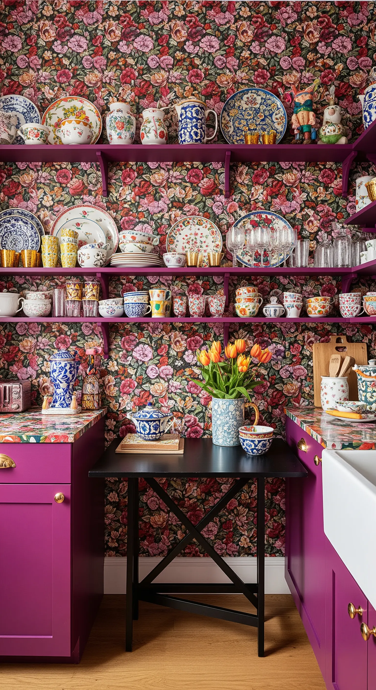 Cucina massimalista con carta da parati floreale, mobili e mensole color magenta.