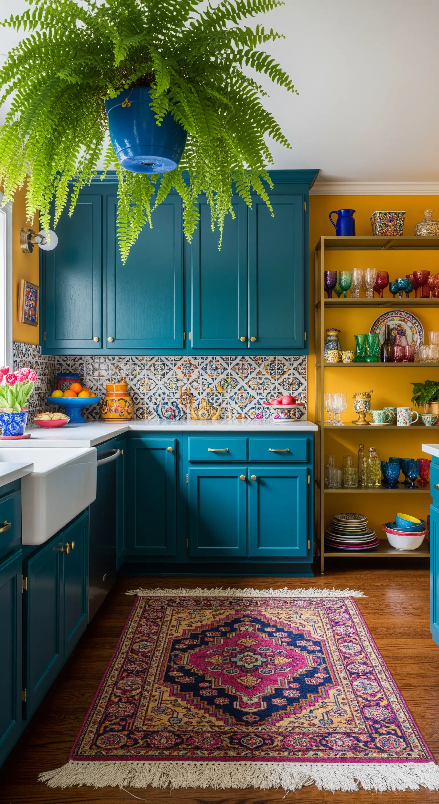Cucina colorata con mobili blu-verde, parete gialla, paraschizzi a motivi e tappeto fucsia.