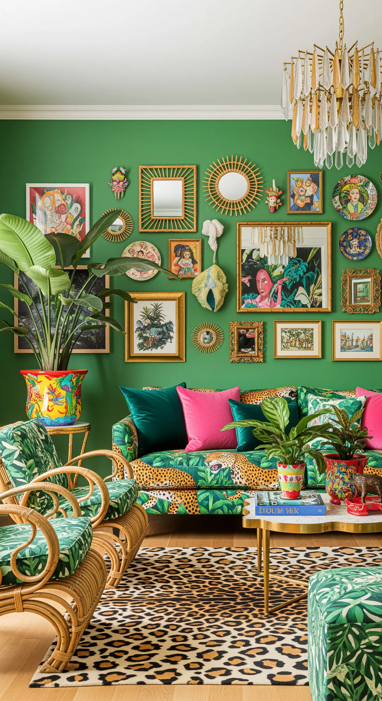 Living massimalista con parete verde, divano a motivi tropicali e tappeto animalier.