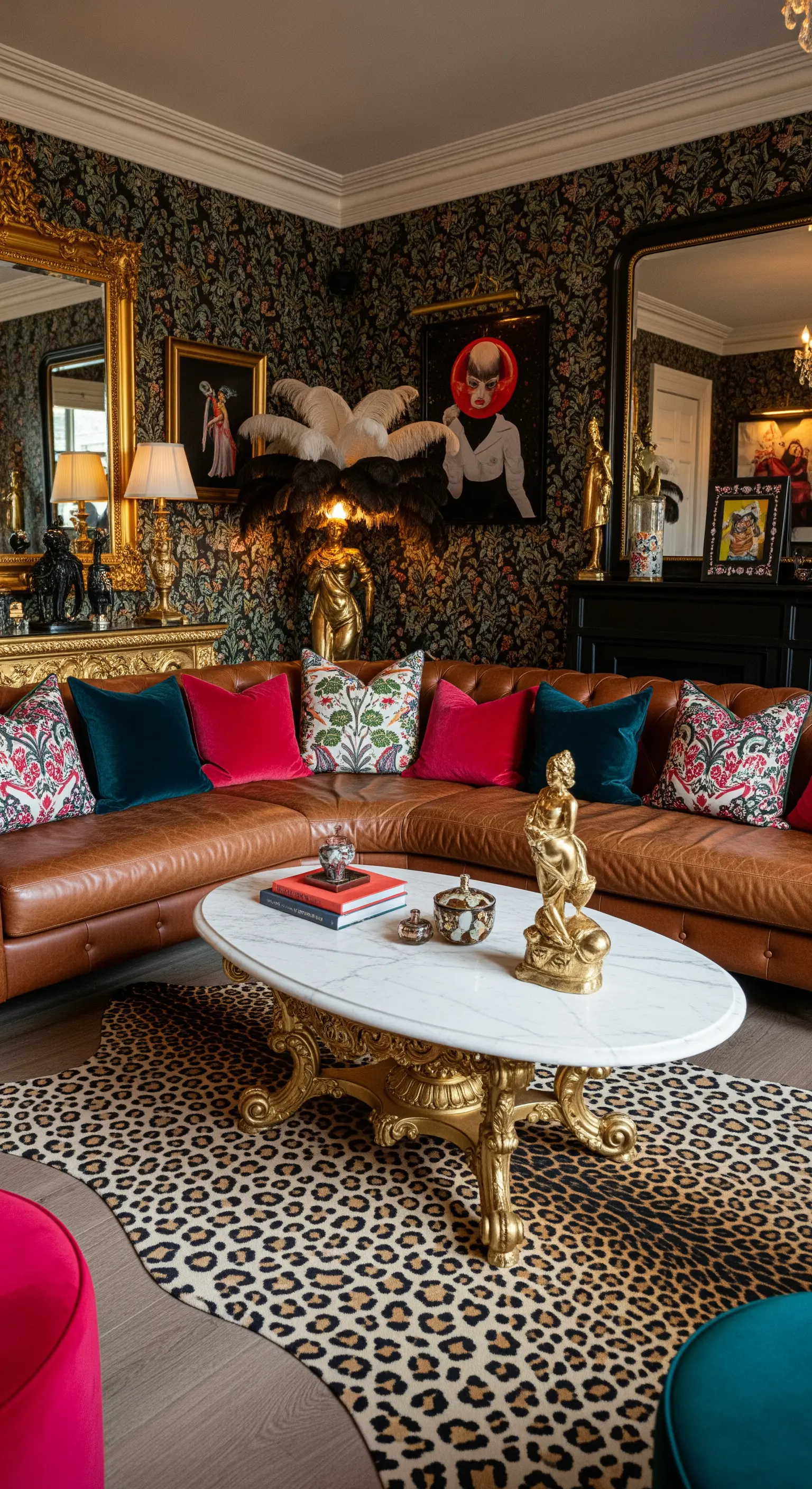 Salotto massimalista con carta da parati floreale, divano in pelle e tappeto leopardato.