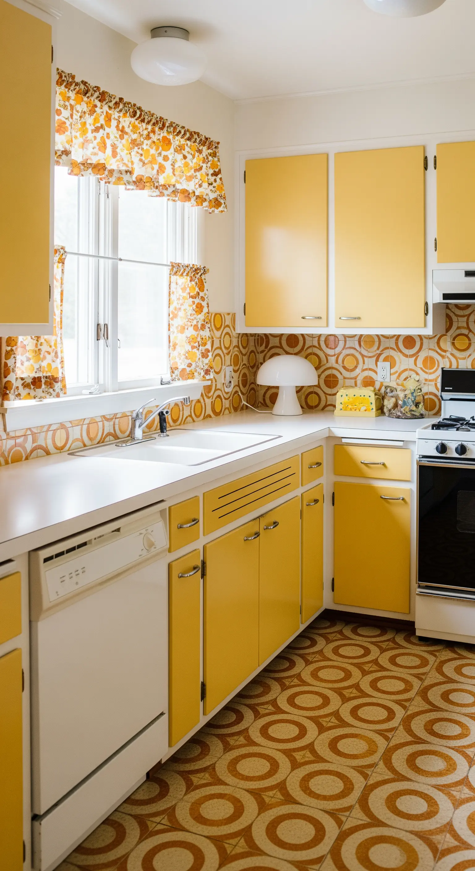 Cucina vintage con mobili gialli e pattern geometrico coordinato su pavimento e paraschizzi.