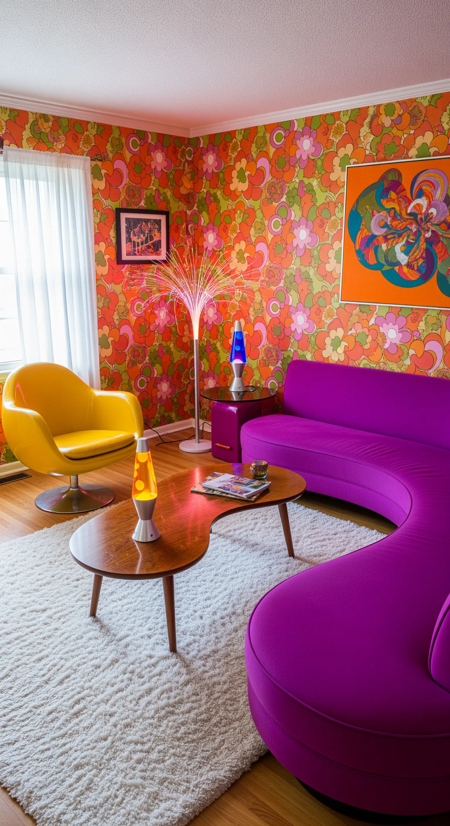 Salotto massimalista con carta da parati floreale, divano fucsia e poltrona gialla a uovo.