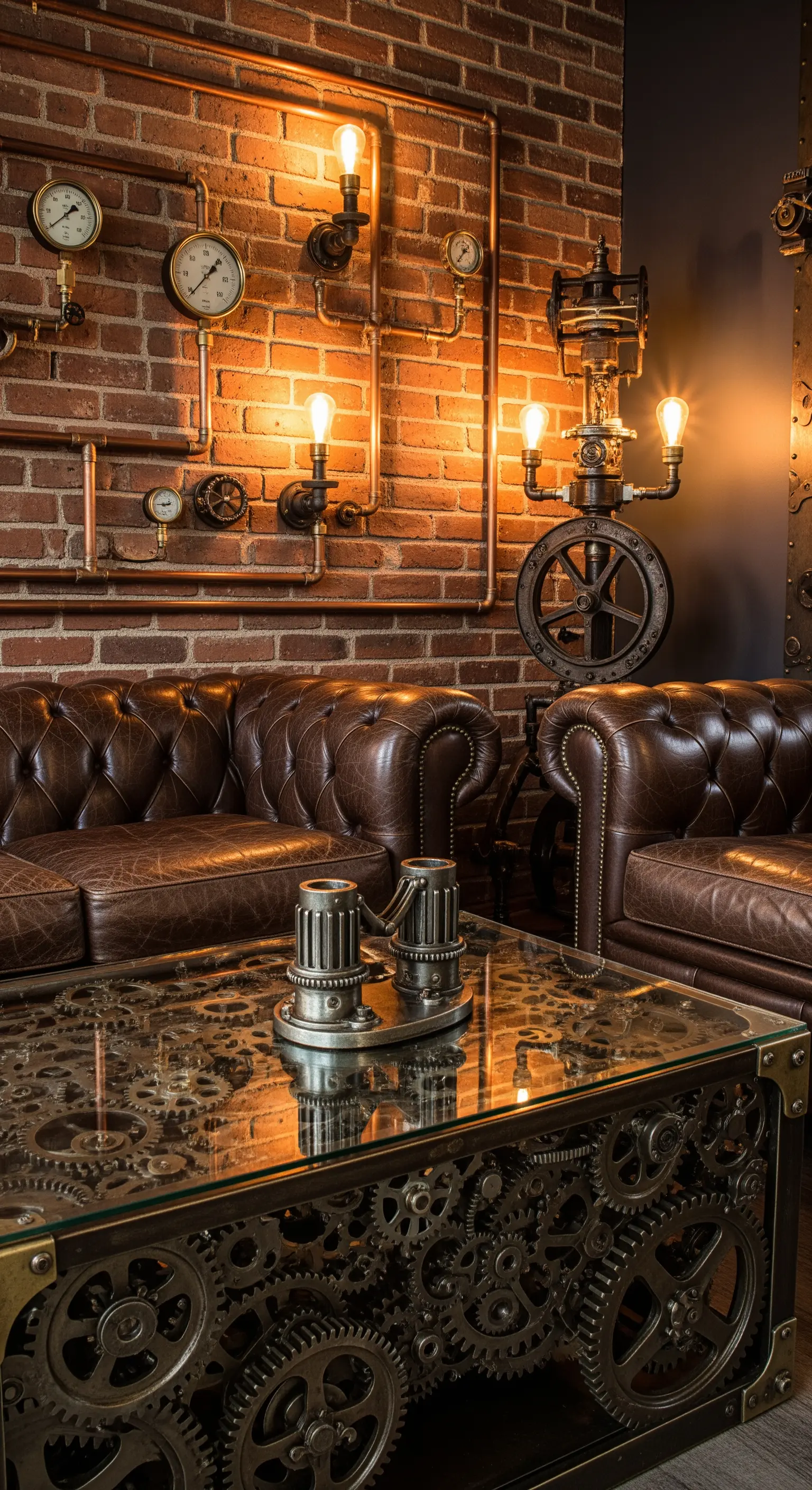 Salotto in stile Steampunk con divani Chesterfield, tubi di rame a vista e un tavolo con ingranaggi.