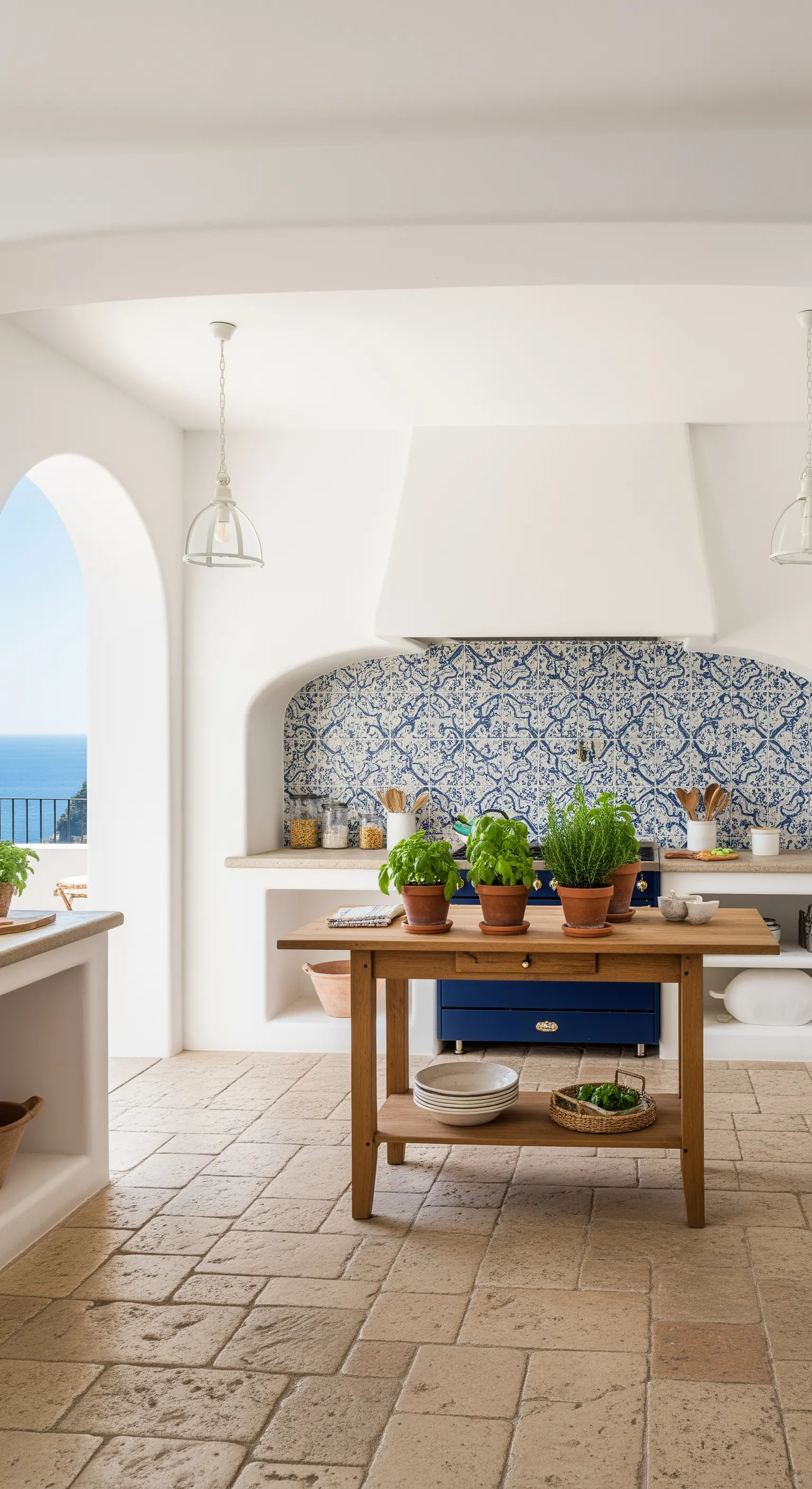 Cucina mediterranea con maioliche blu, isola in legno e vista sul mare attraverso un arco.