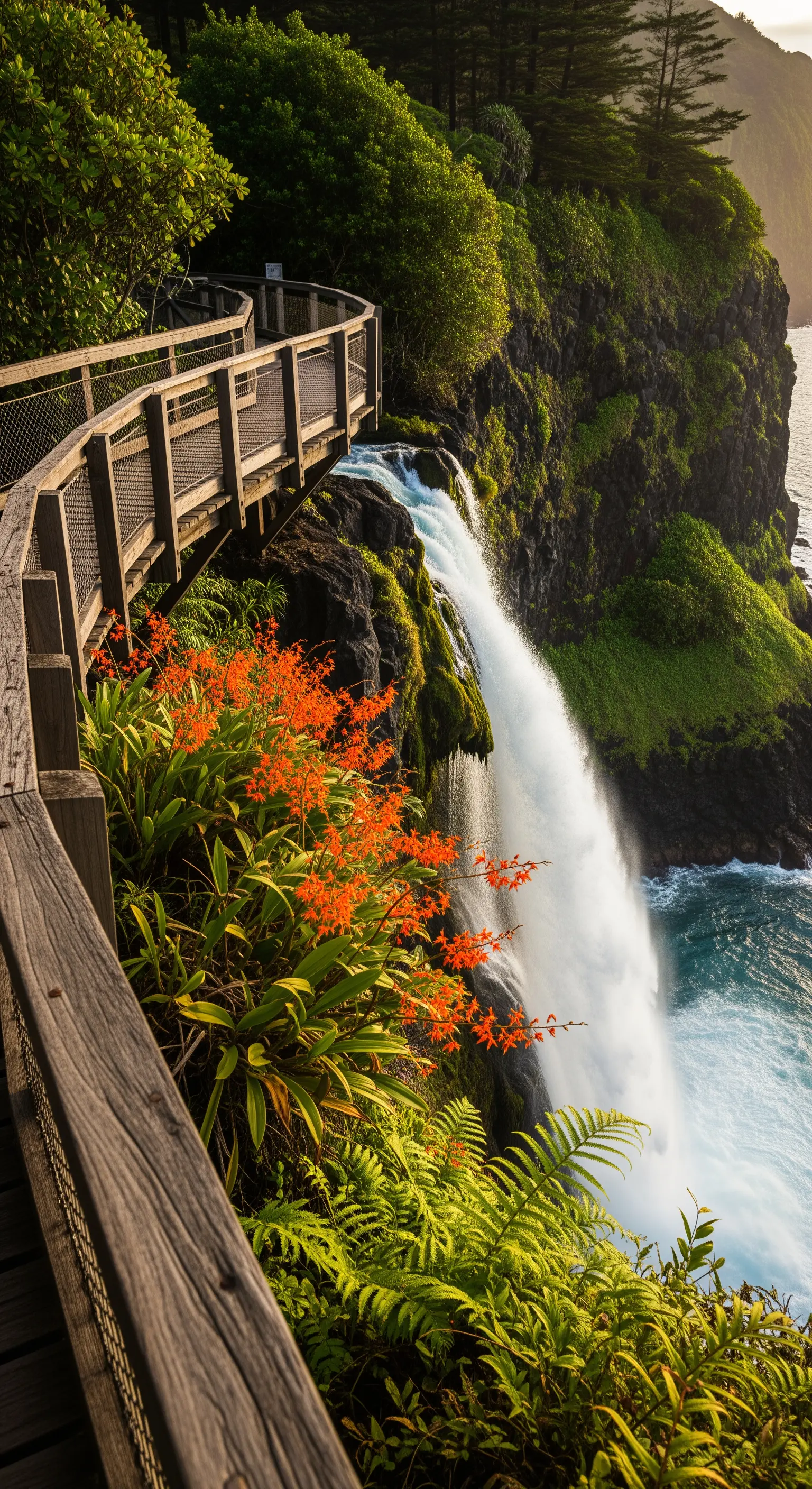 Passerella in legno su una scogliera con cascata e orchidee arancioni al tramonto.