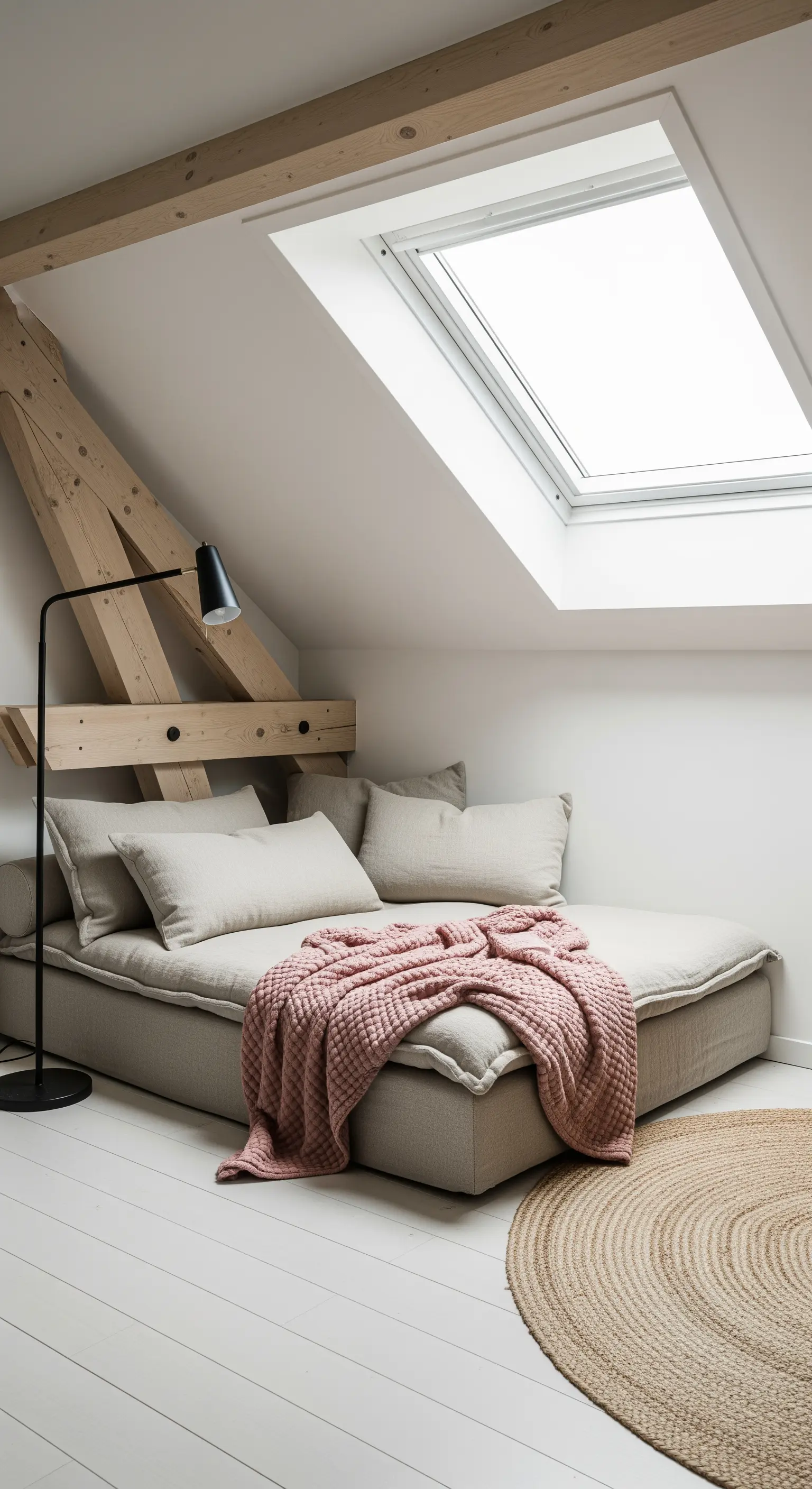 Daybed basso con cuscini e plaid rosa sotto un lucernario in una mansarda con travi in legno.