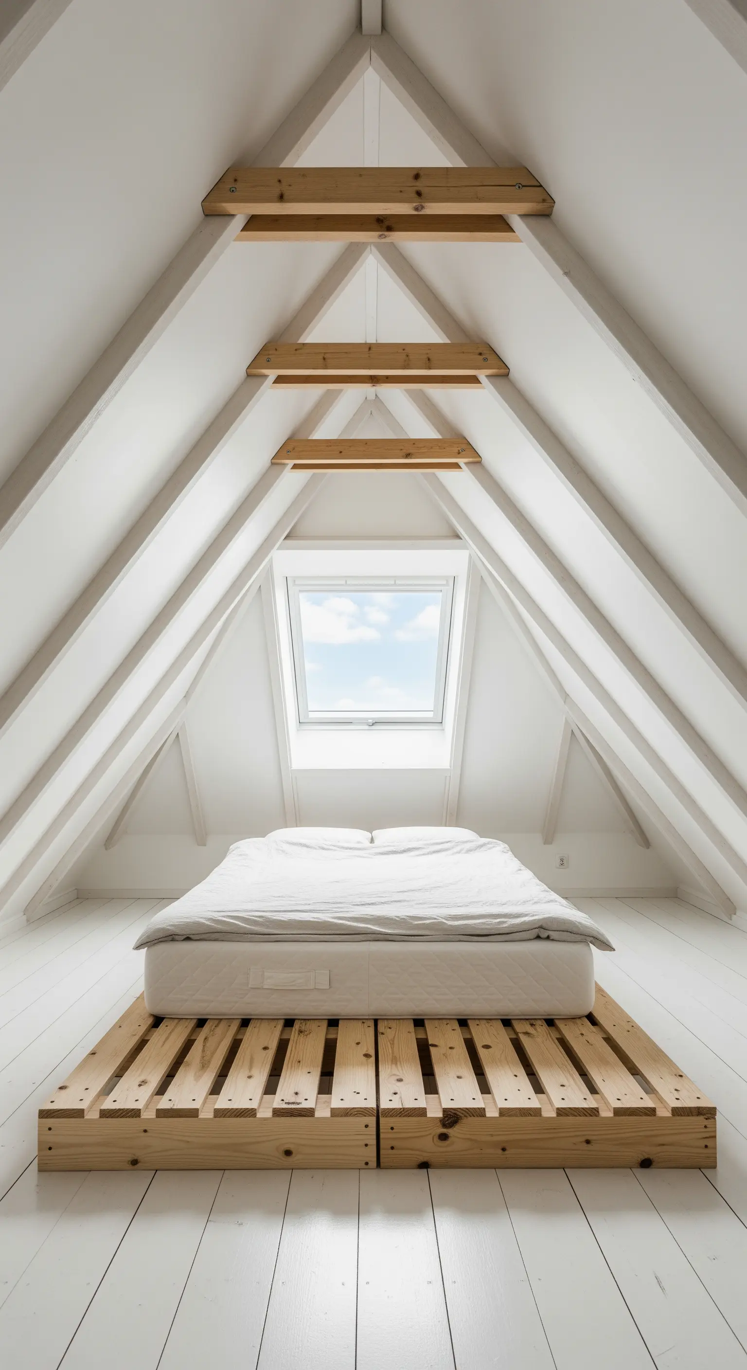 Letto su pallet in legno in una mansarda con travi a vista bianche.
