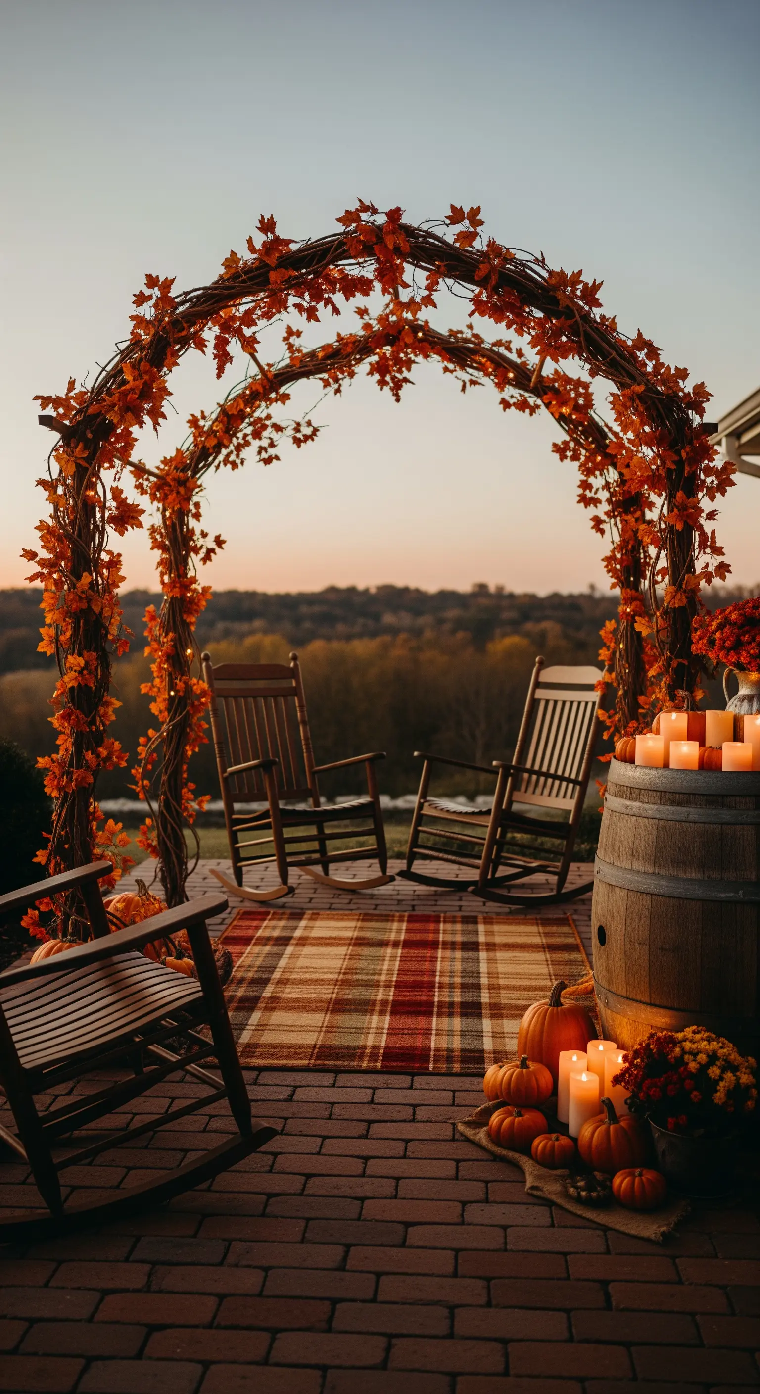 Portico autunnale con arco di rami e foglie, sedie a dondolo e zucche.