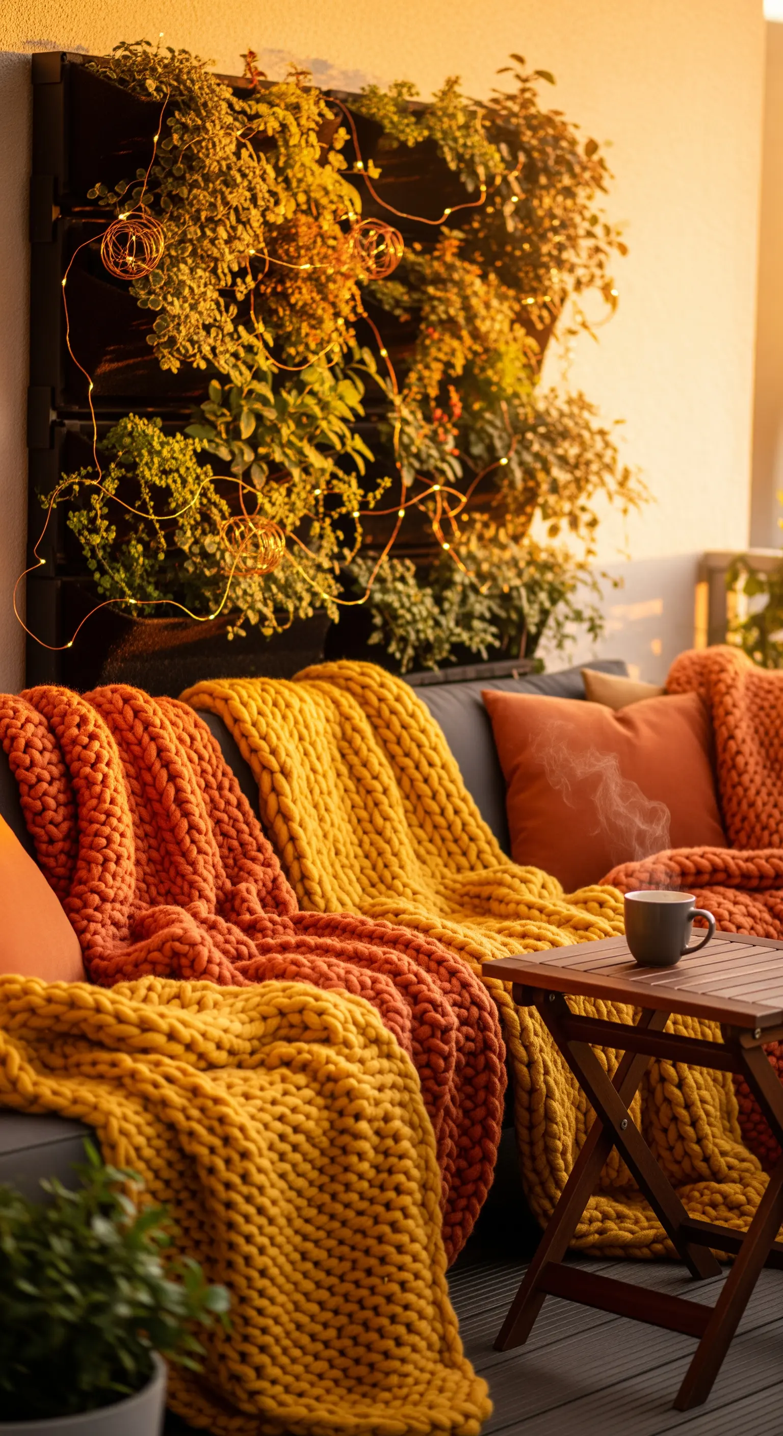 Balcone al tramonto con divano coperto da plaid di lana grossa arancioni e gialli