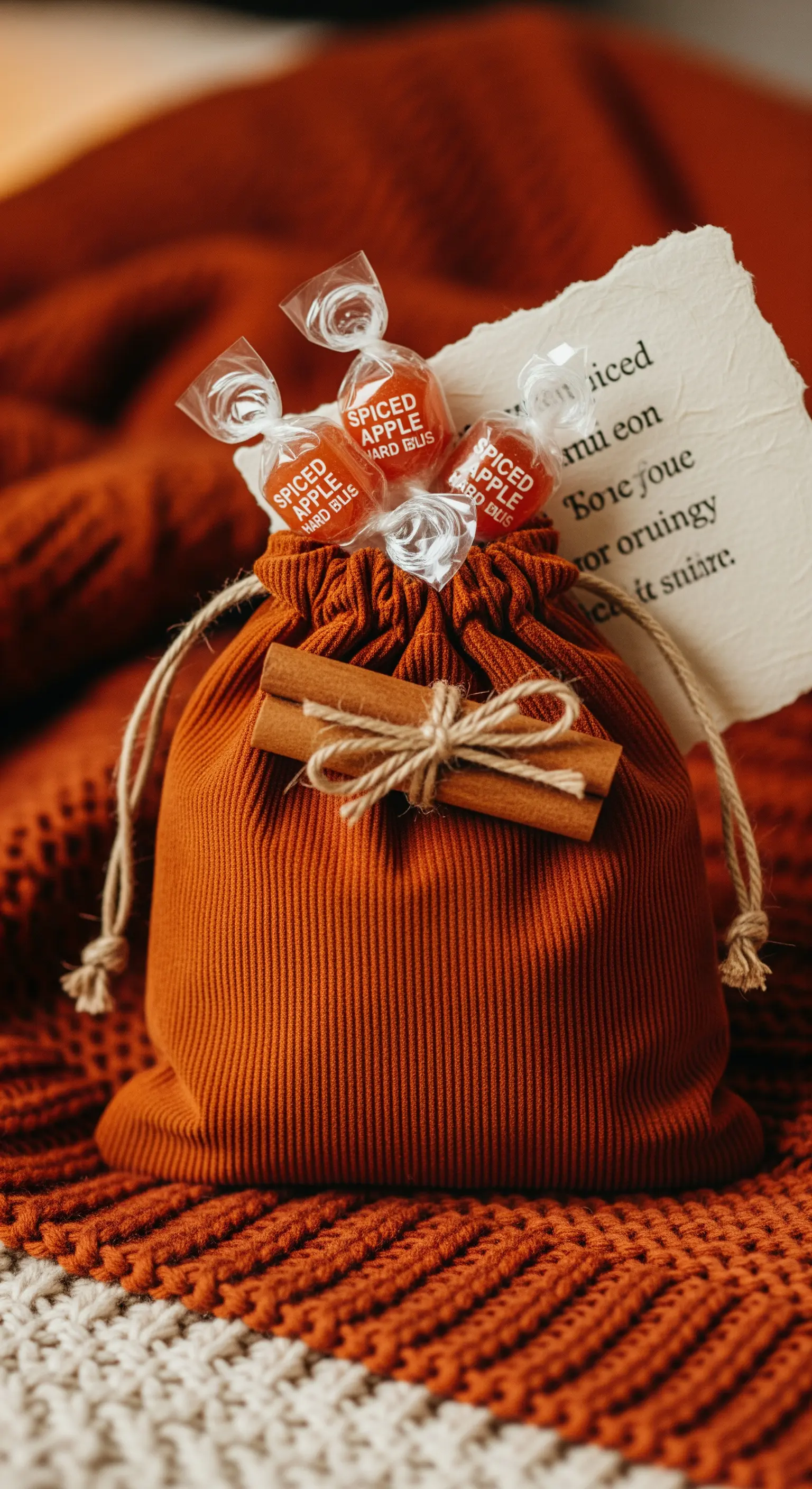 Sacchetto color ruggine su una coperta di lana, con caramelle speziate e una stecca di cannella.