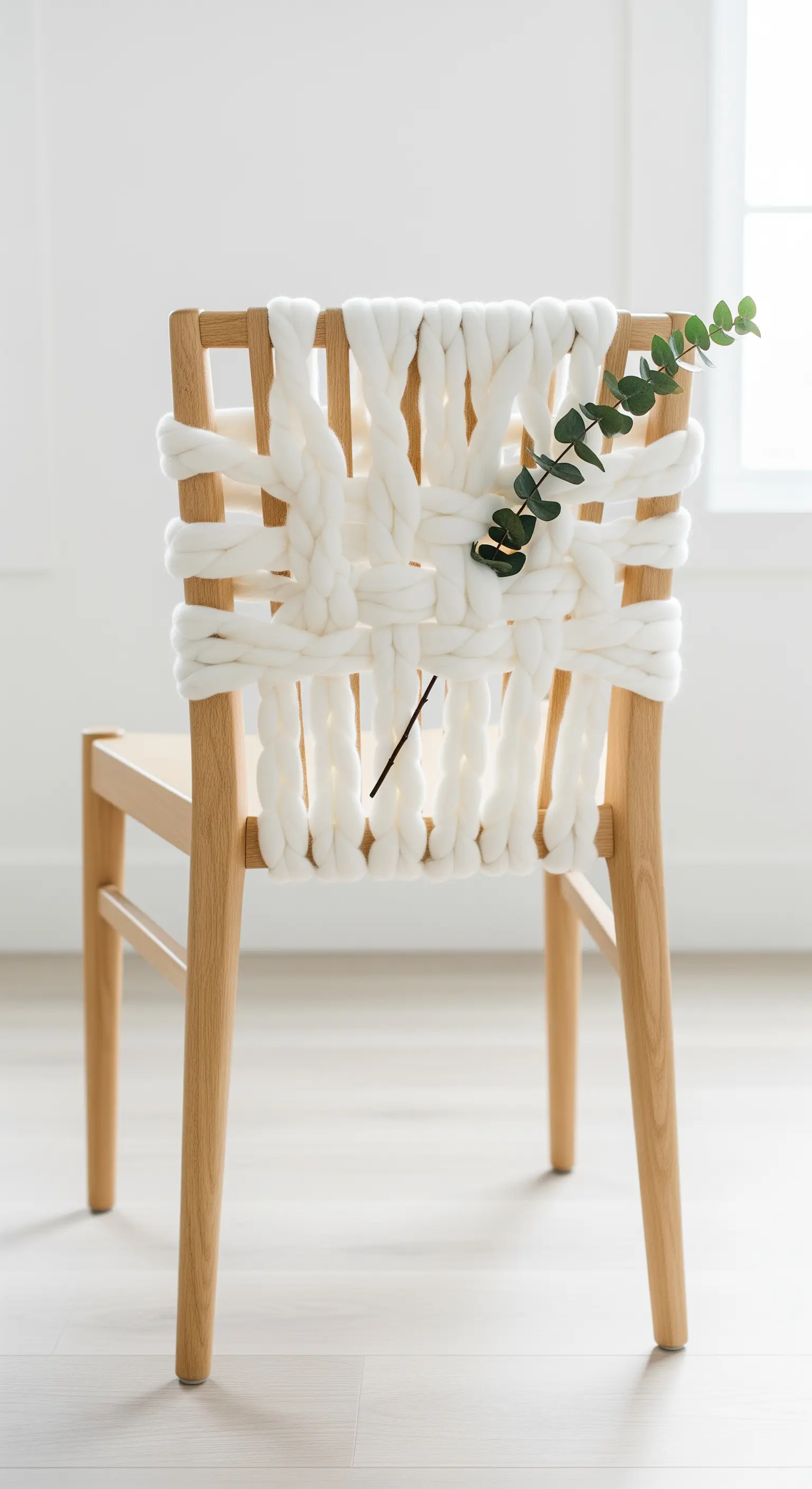 Schienale di una sedia in legno chiaro con un intreccio di lana chunky bianca e un rametto di eucalipto.