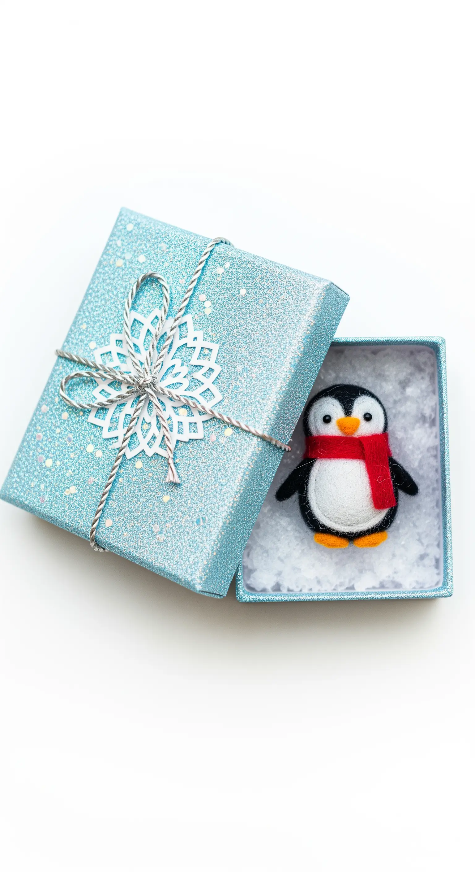 Pinguino di feltro in una scatolina azzurra glitterata che ricorda il ghiaccio.