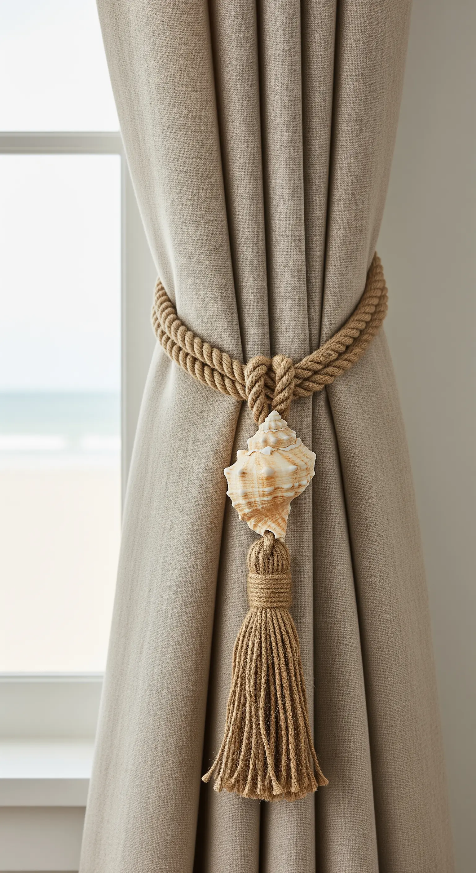 Raccogli tenda in corda di iuta spessa con una grande conchiglia e una nappa.