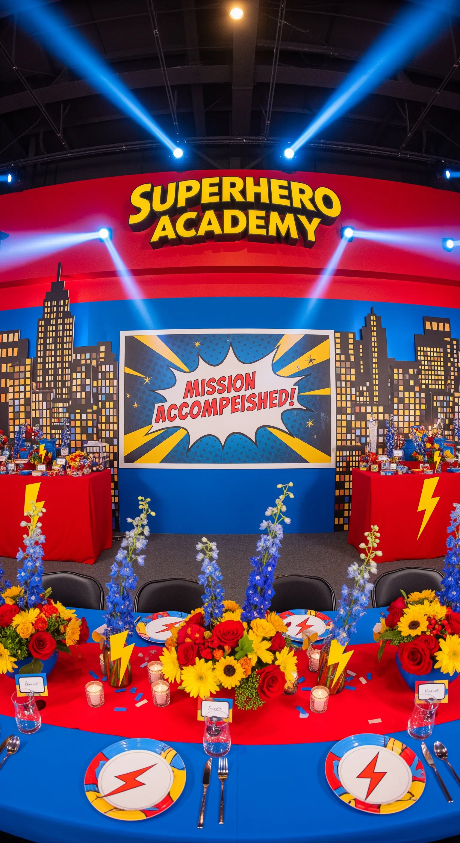Festa a tema supereroi con skyline, colori primari e grafiche in stile fumetto.
