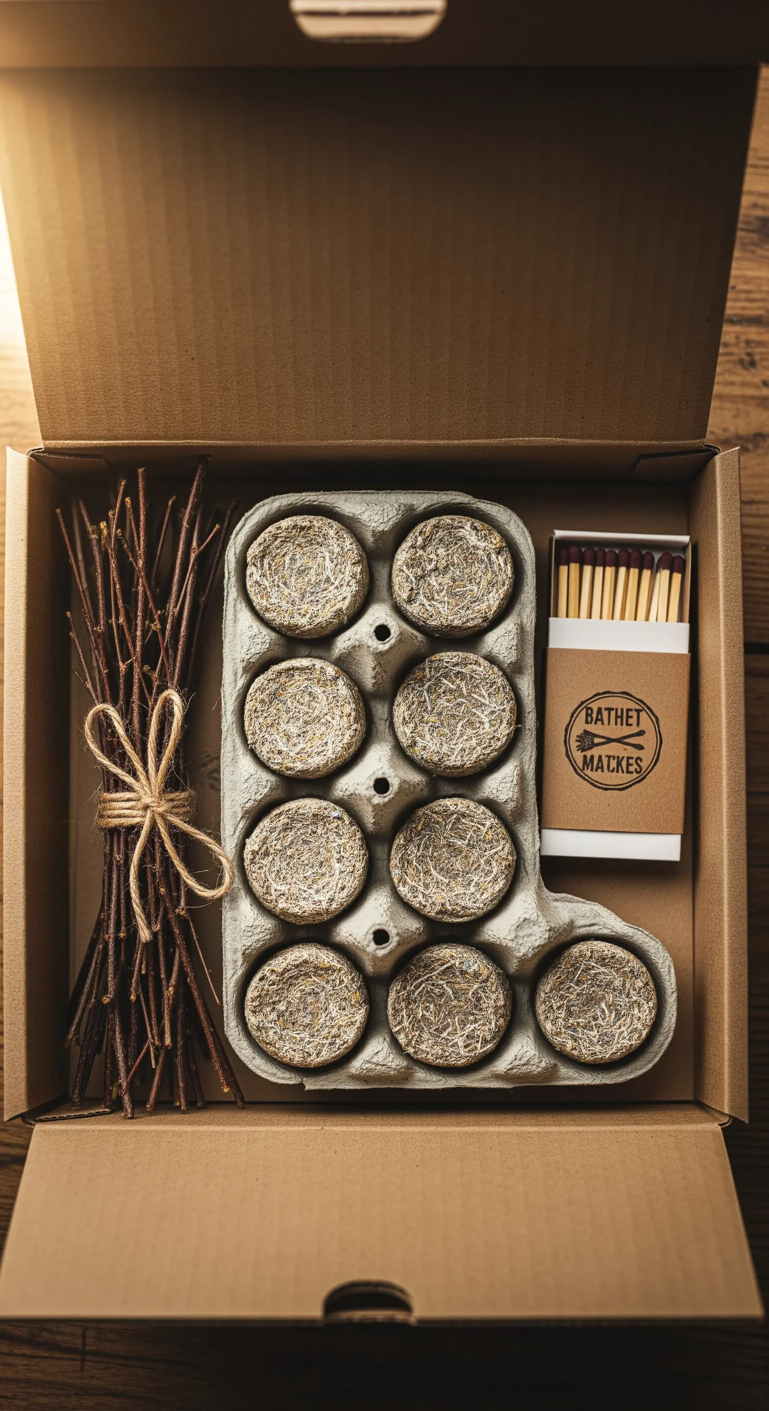 Un kit accendifuoco fai-da-te in una scatola di cartone, con accendini in cera e segatura in un portauova.