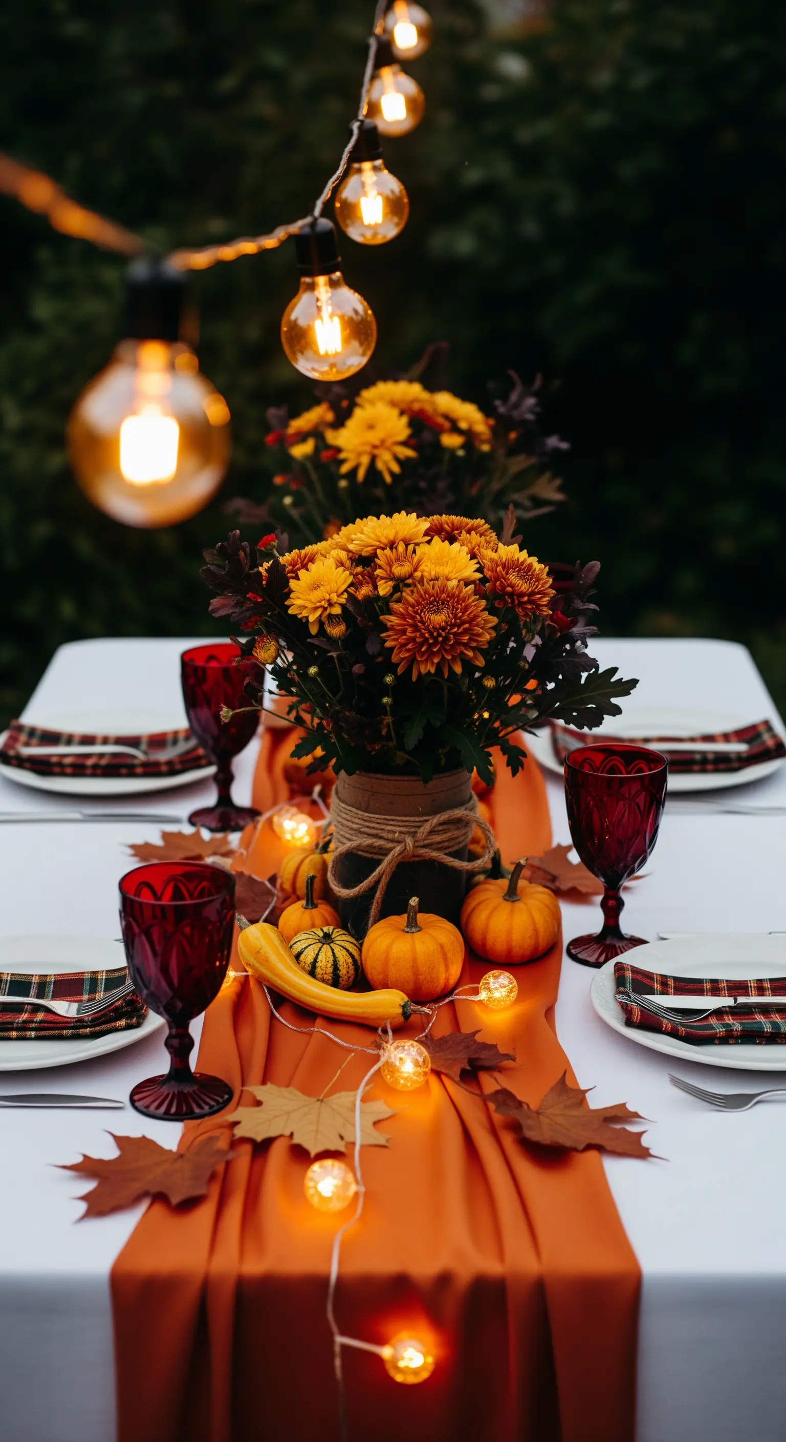 Tavola autunnale con zucche, crisantemi e un runner arancione illuminato da lucine.