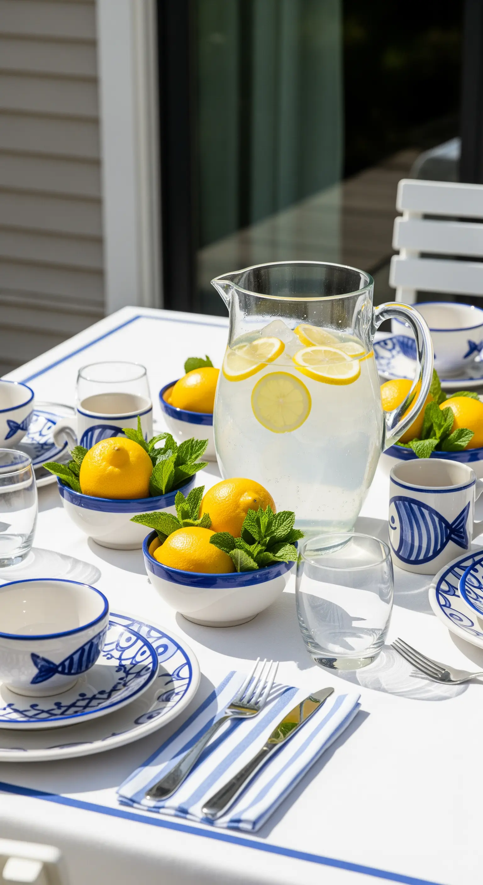 Tavola con ceramiche a tema pesce, tovaglioli a righe e limoni con menta.