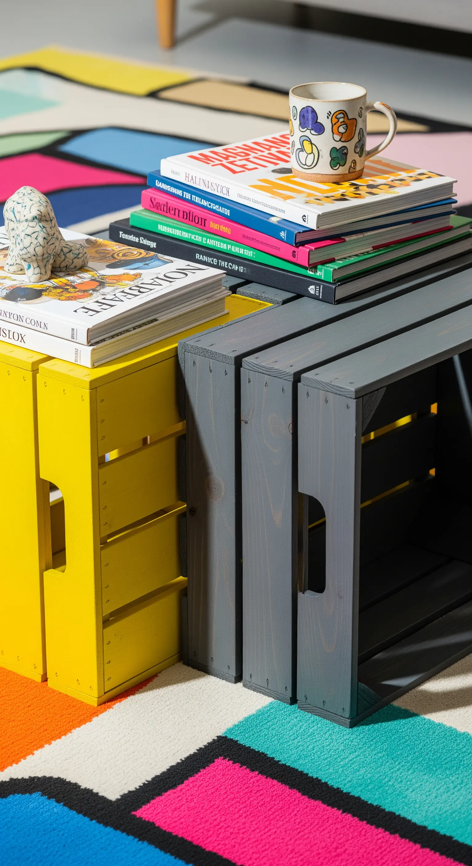 Due cassette di legno, una gialla e una grigia, accostate per formare un tavolino basso.