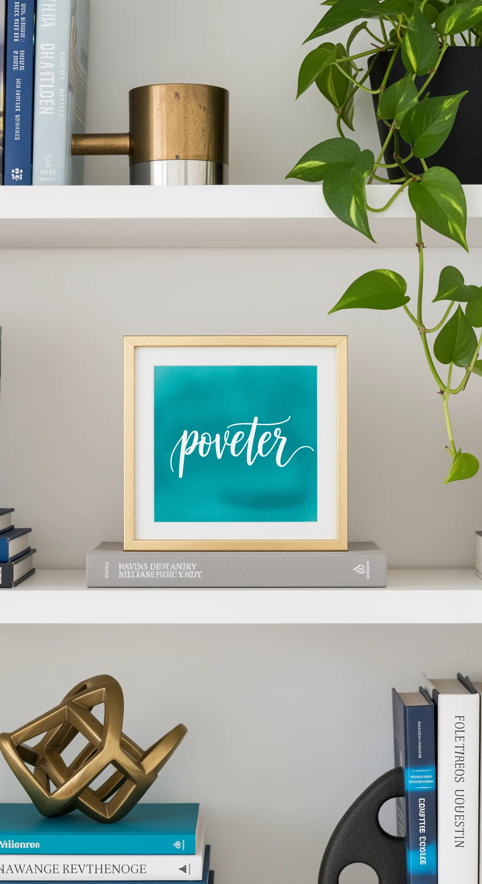Piccolo quadro quadrato con sfondo verde acqua e una sola parola, posato su una libreria bianca.