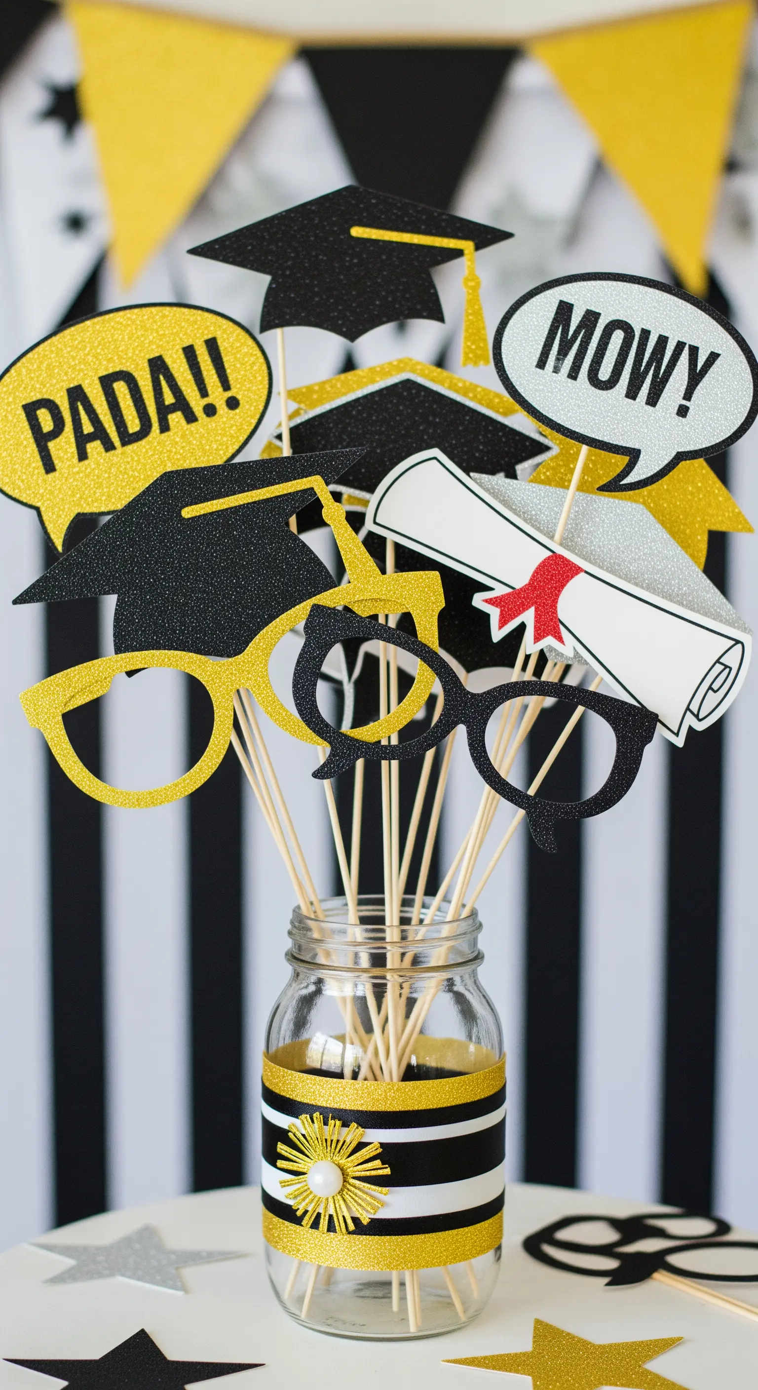 Accessori per photo booth di laurea in un barattolo: occhiali, tocchi e fumetti glitterati