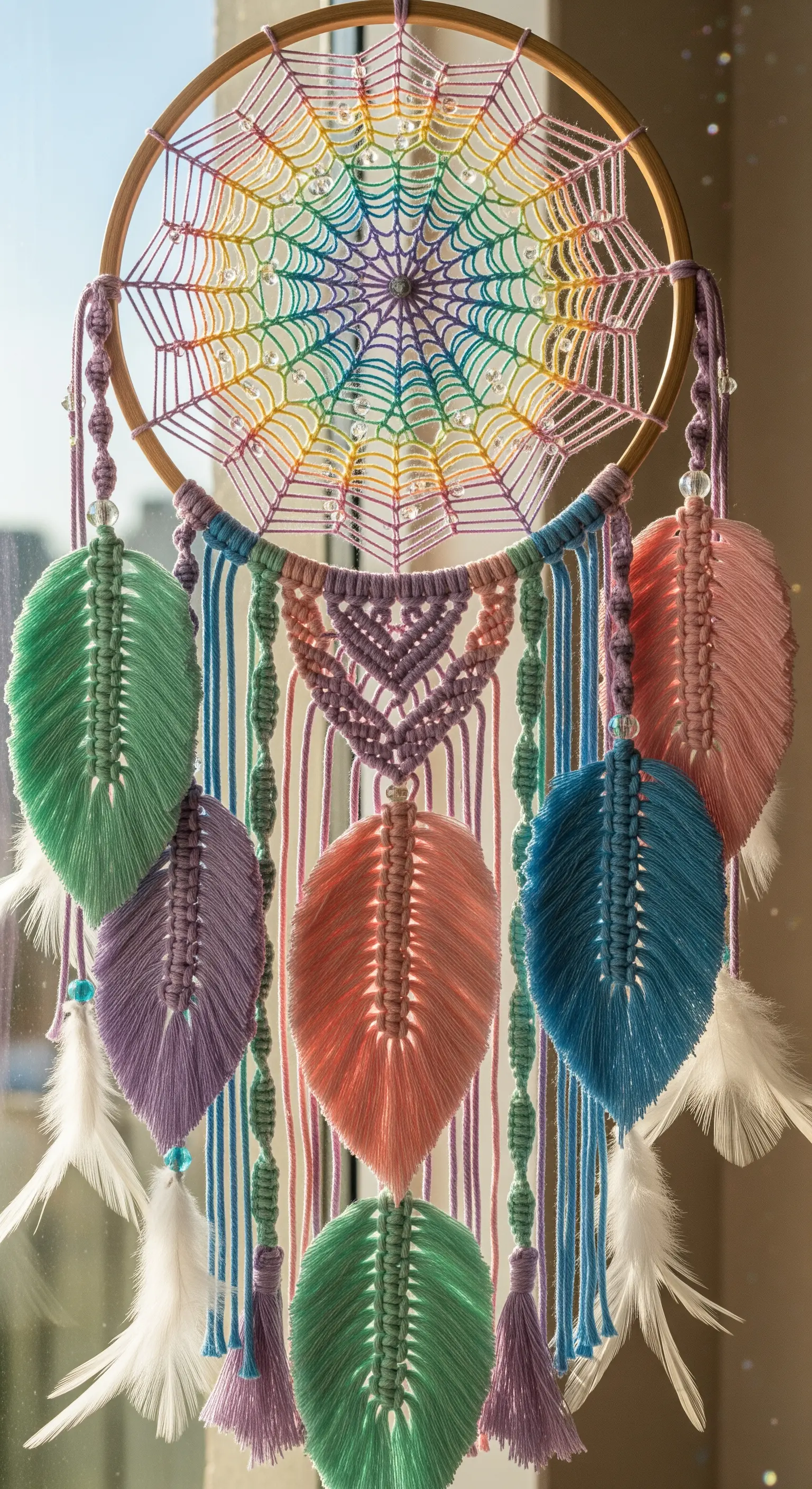Acchiappasogni in macramè con una ragnatela arcobaleno, perline, foglie colorate e piume.