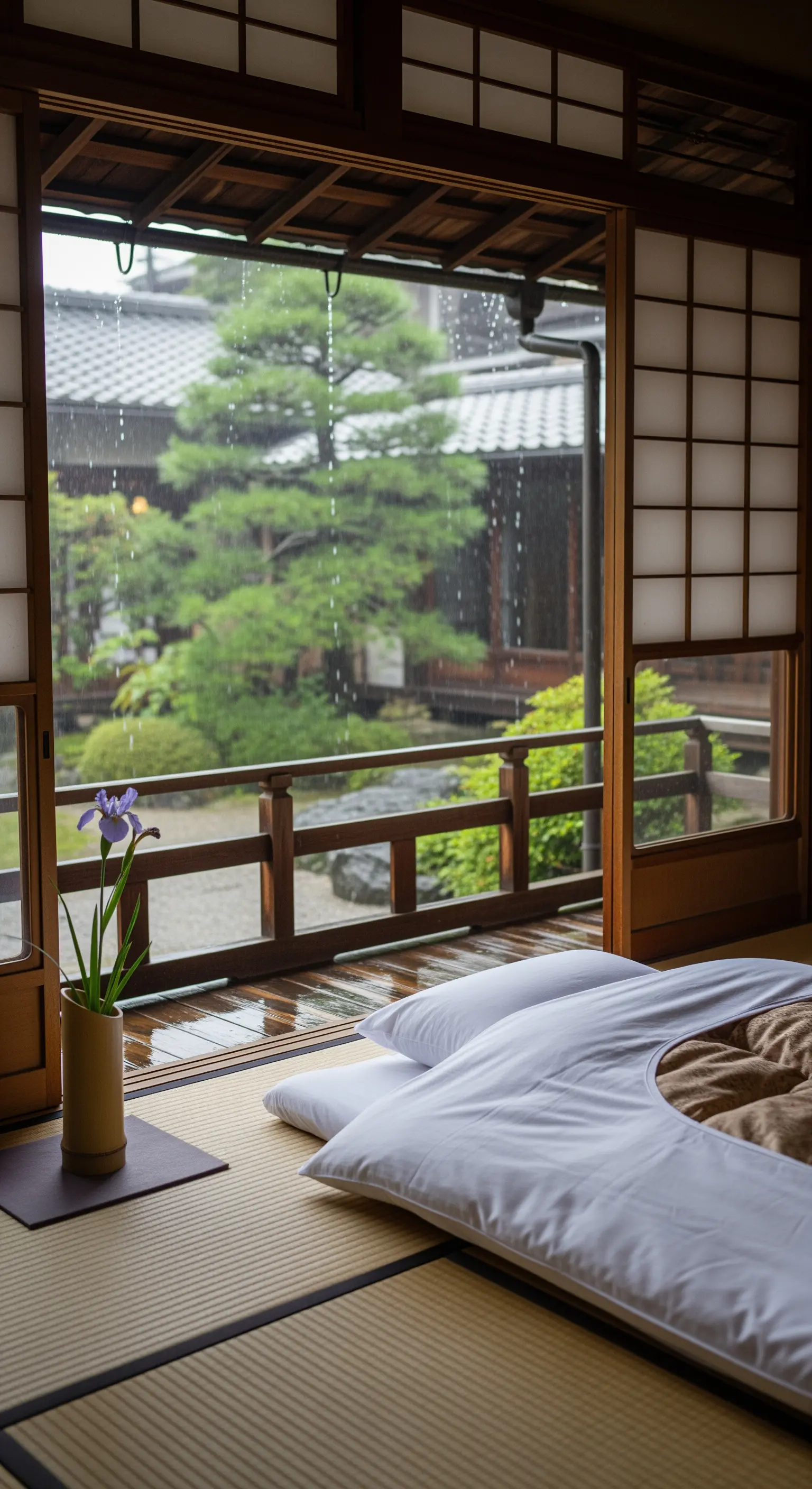 Futon bianco vicino a una finestra aperta su un giardino giapponese sotto la pioggia.