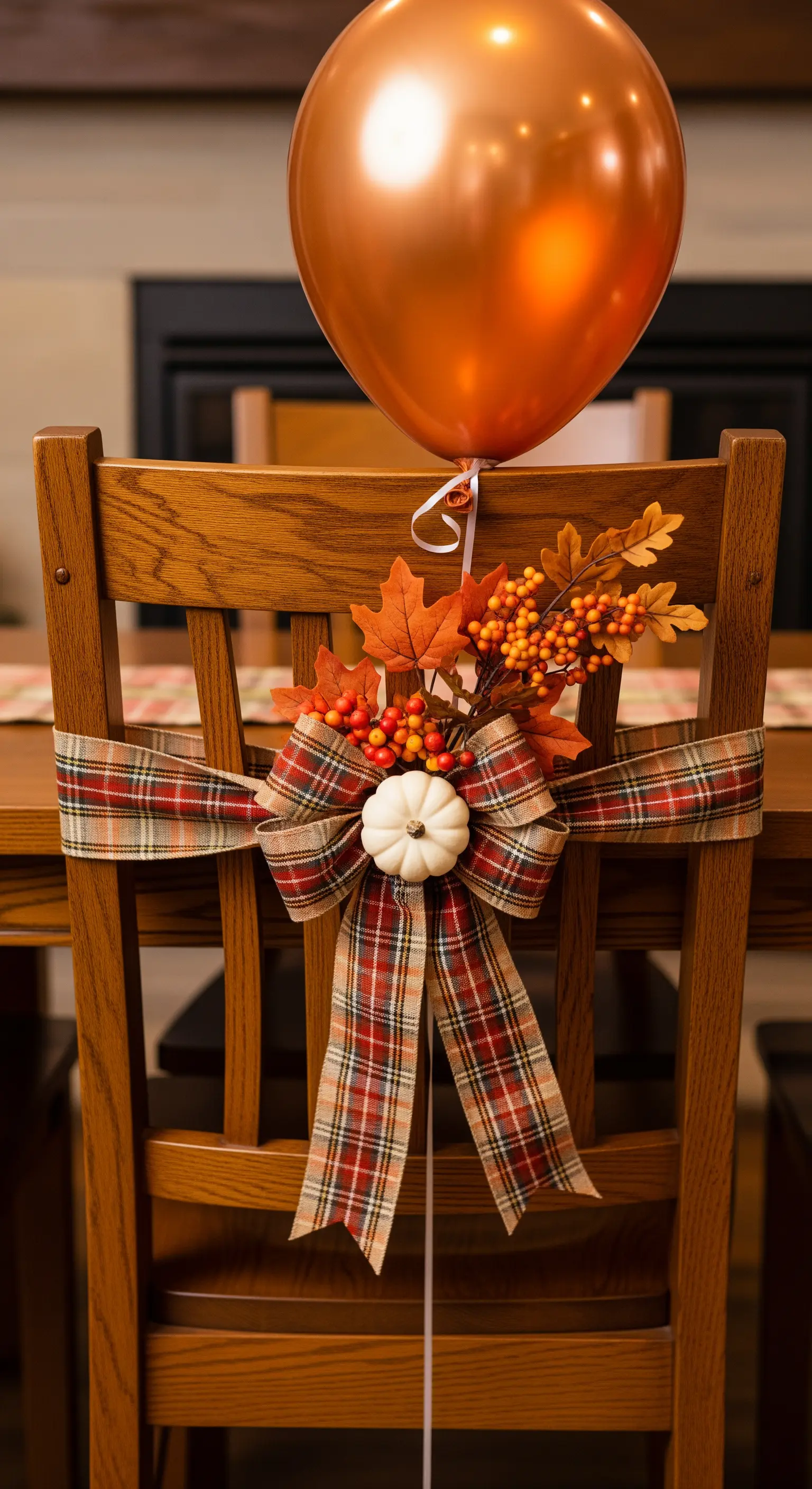 Sedia in legno con fiocco scozzese, zucca bianca, foglie autunnali e palloncino rame.