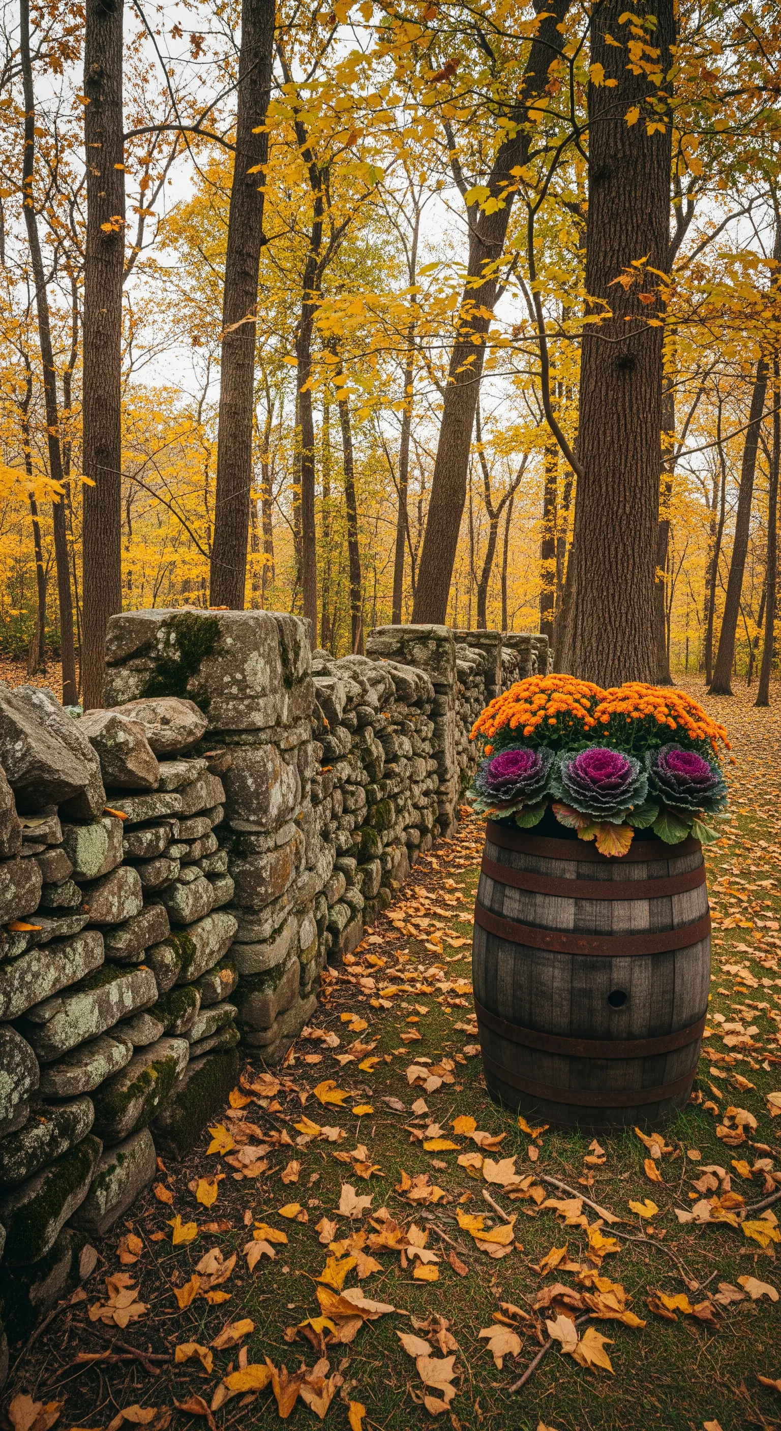 Botte con crisantemi arancioni e cavoli ornamentali accanto a un muretto di pietra.