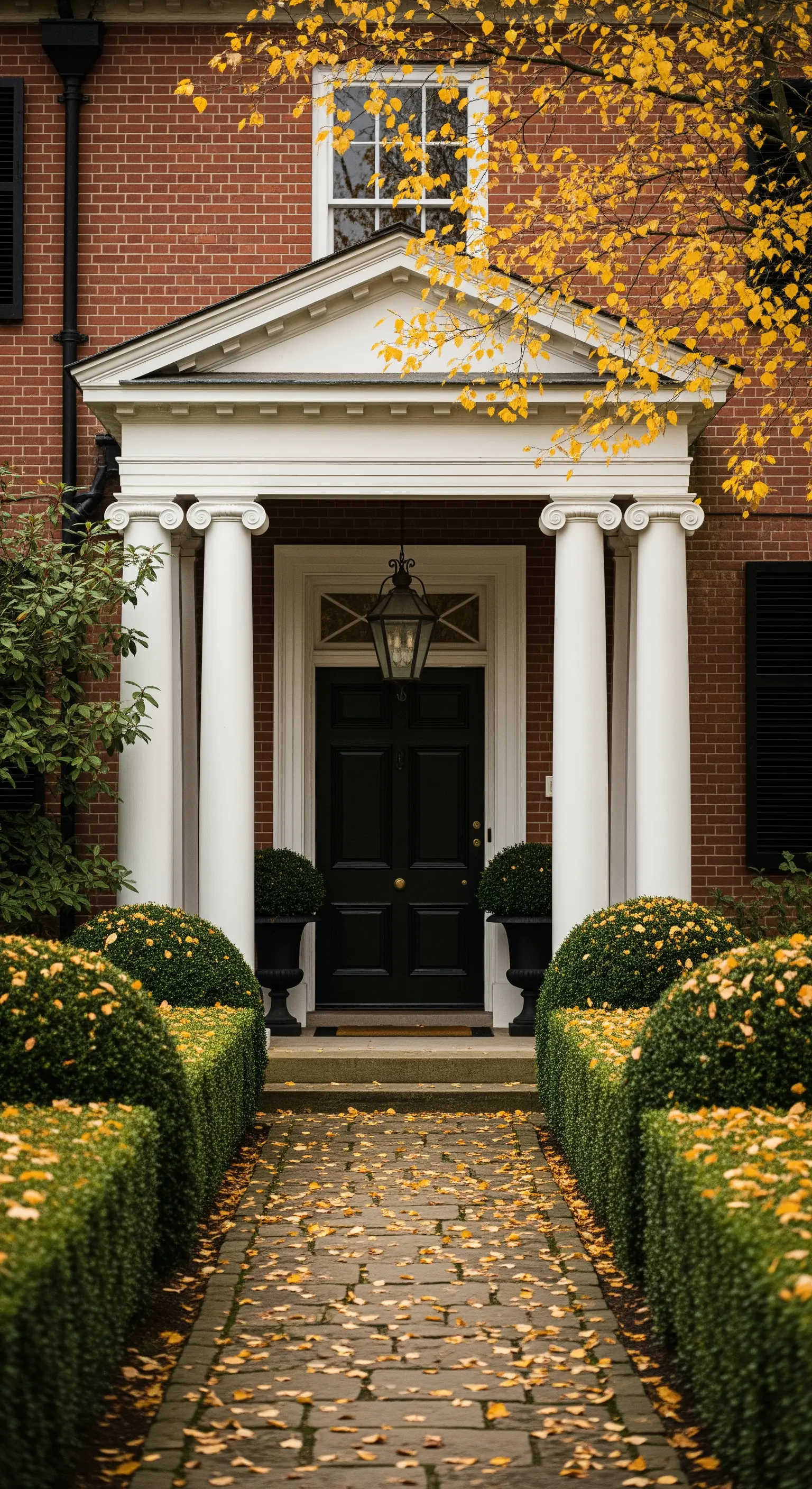 Ingresso di una casa in mattoni con colonne bianche, siepi ordinate e foglie autunnali sul selciato