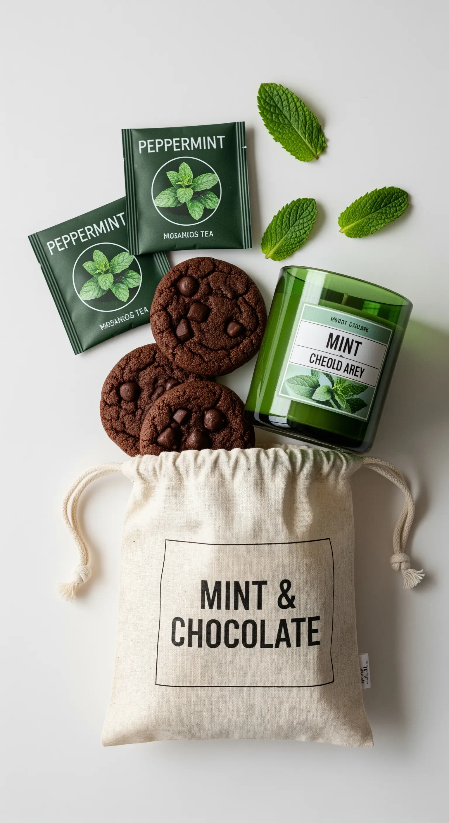 Kit regalo in sacchetto di cotone con tè alla menta e biscotti al cioccolato.