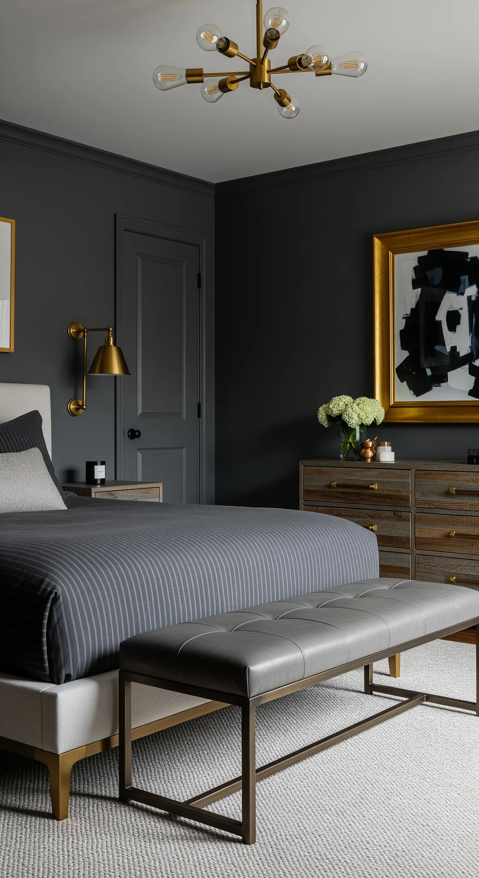 Camera da letto grigio scuro con cassettiera in legno rustico e accenti in ottone anticato.