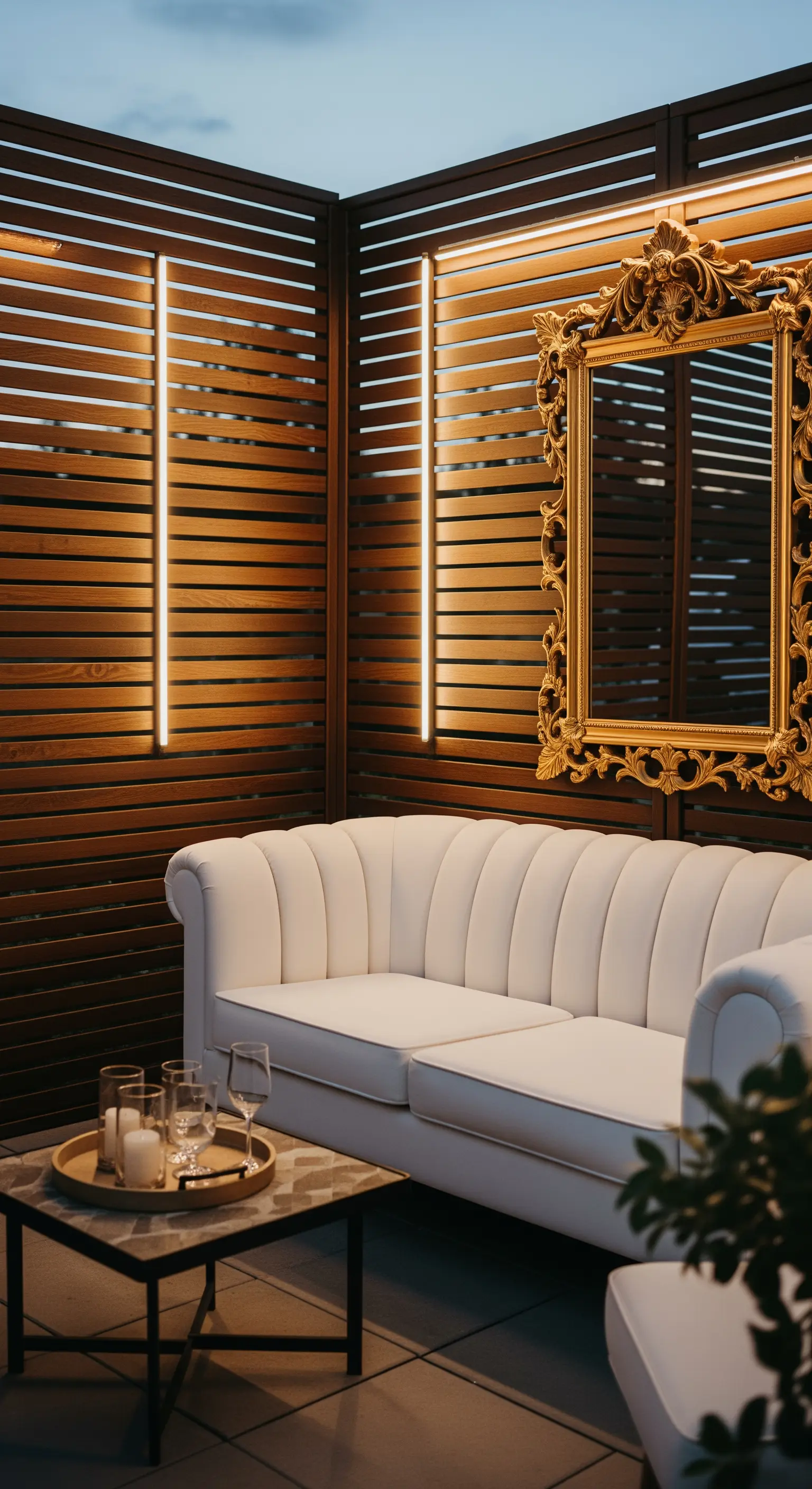 Angolo patio con parete in legno, luci a barra LED e specchio barocco dorato sopra un divano bianco