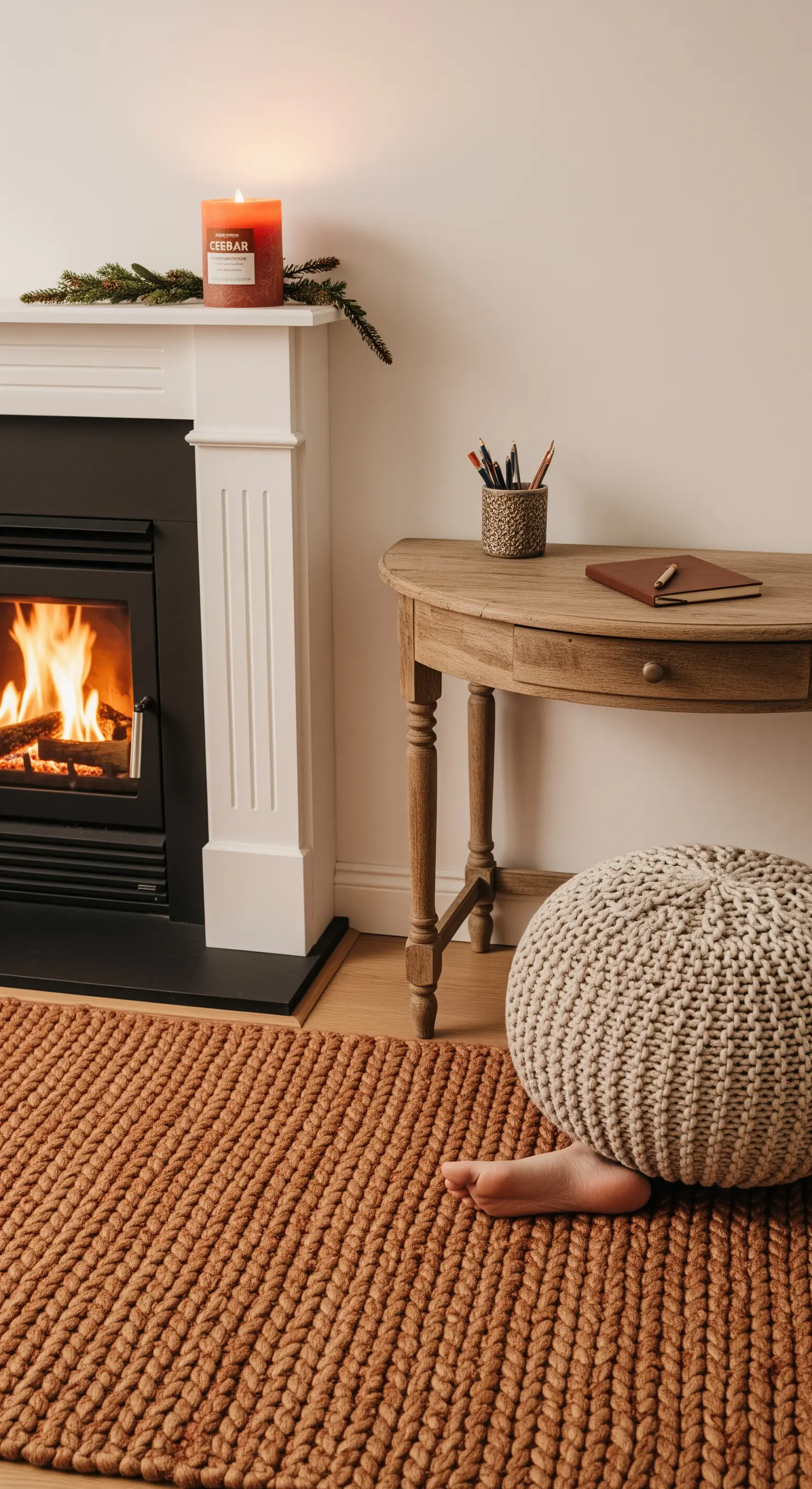 Scrittoio in legno accanto a un camino acceso, con tappeto in lana color terracotta e pouf.