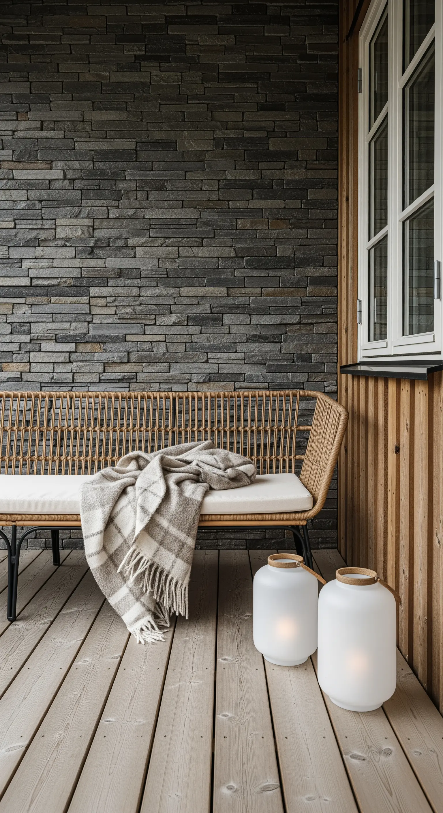 Panca in rattan con plaid su una veranda con pavimento in legno e parete in pietra scura