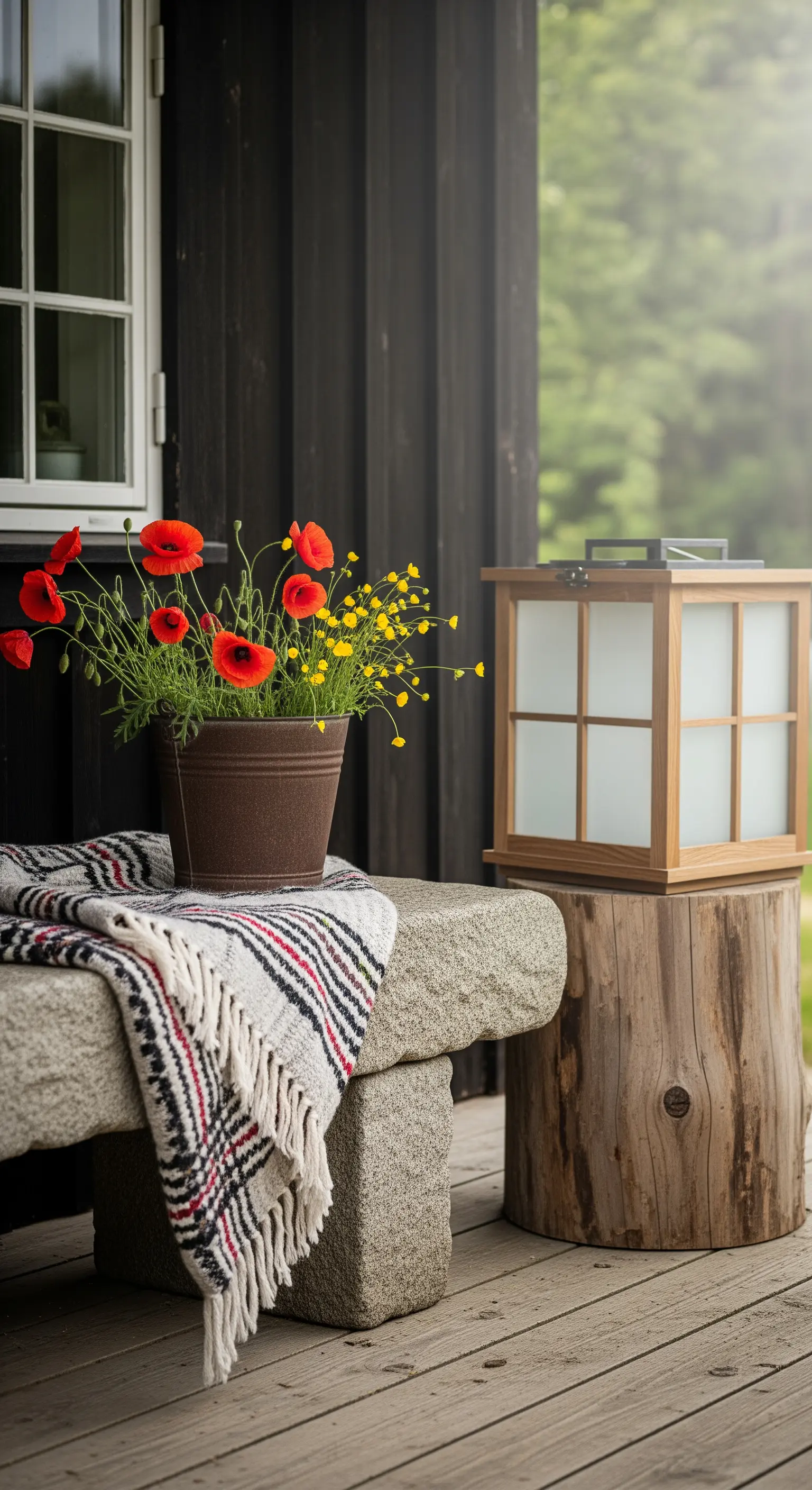 Panca in granito con plaid, vaso di papaveri e una lanterna moderna appoggiata su un tronco