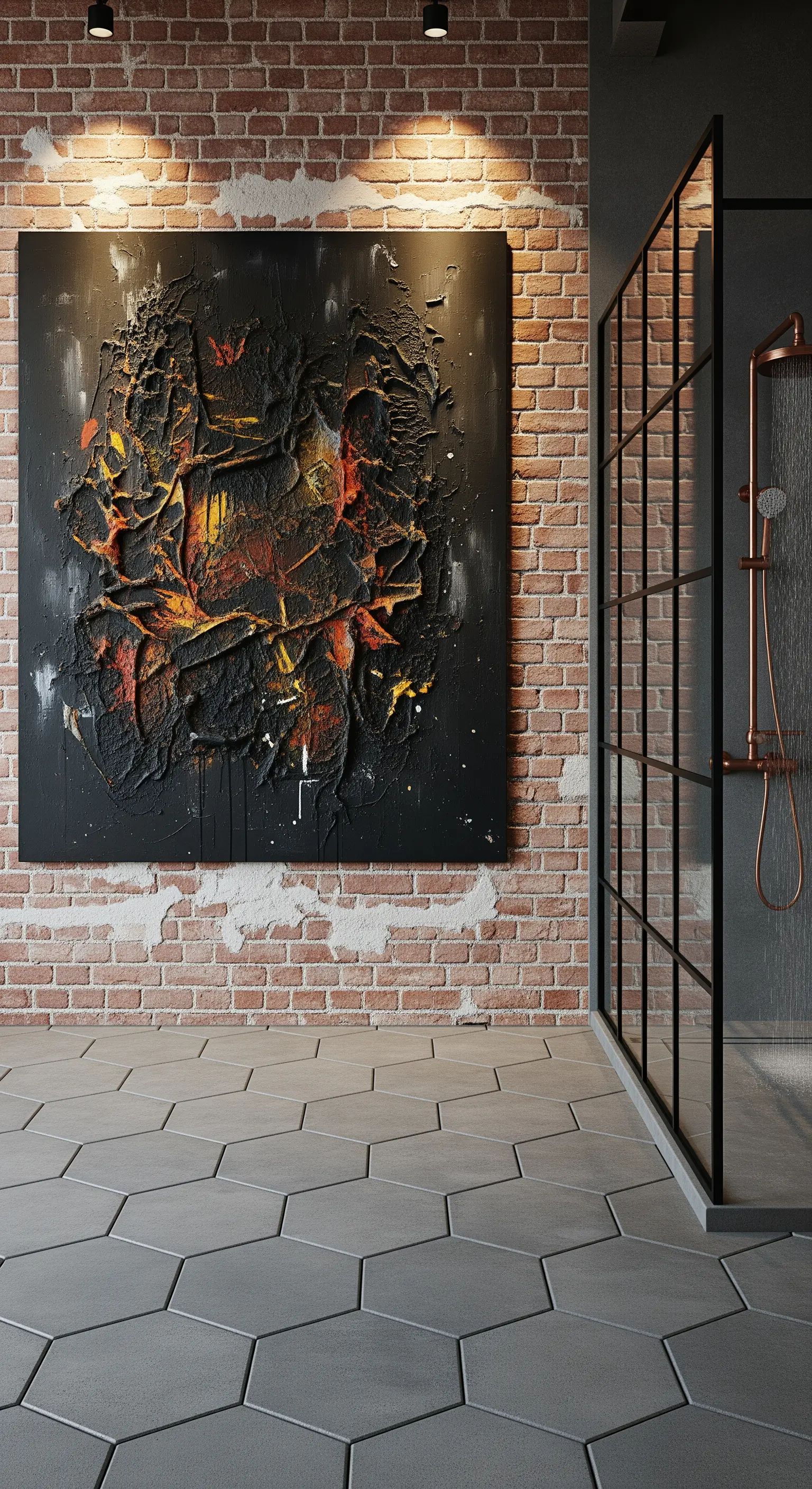 Bagno industriale con parete di mattoni, quadro materico e dettagli in rame.