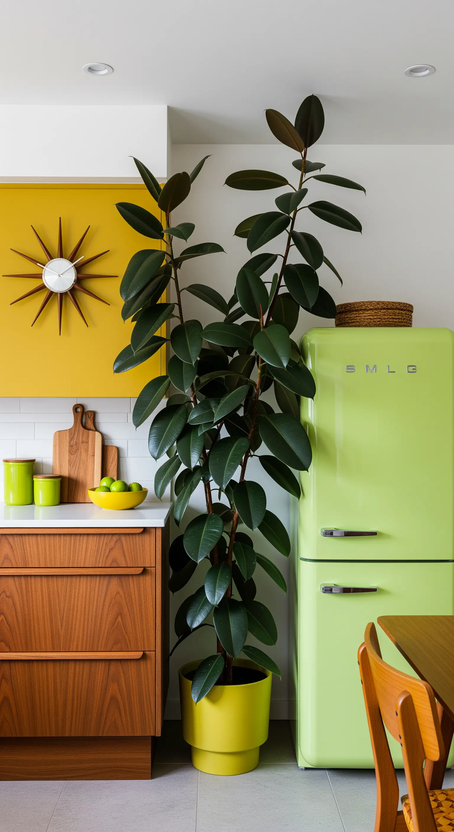Ficus elastica in un vaso giallo accanto a un frigorifero vintage verde lime.