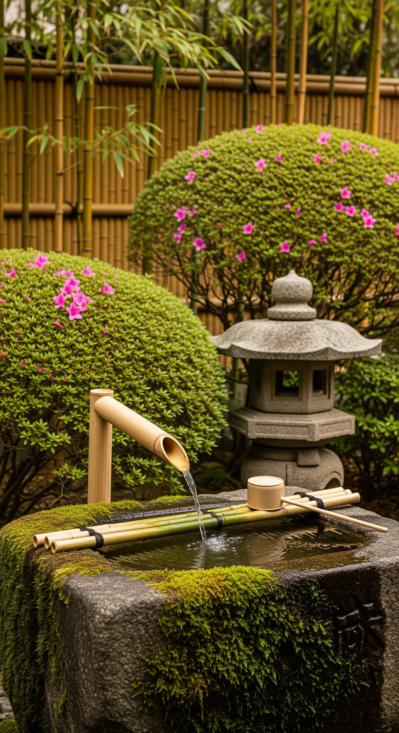 Fontana in pietra con muschio, affiancata da cespugli di azalee rosa e bambù.