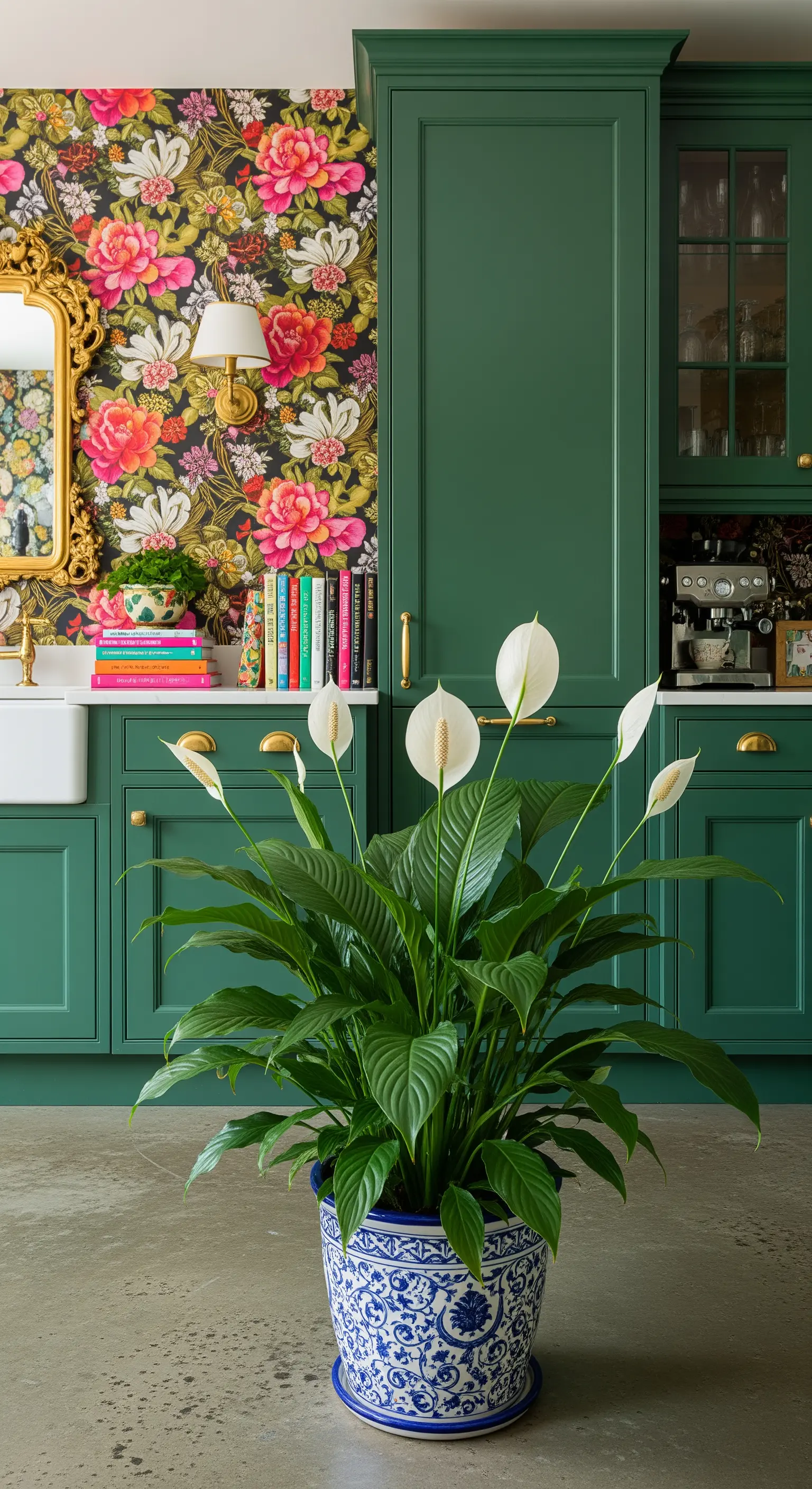 Spatifillo in un vaso decorato davanti a una parete con carta da parati floreale molto colorata.