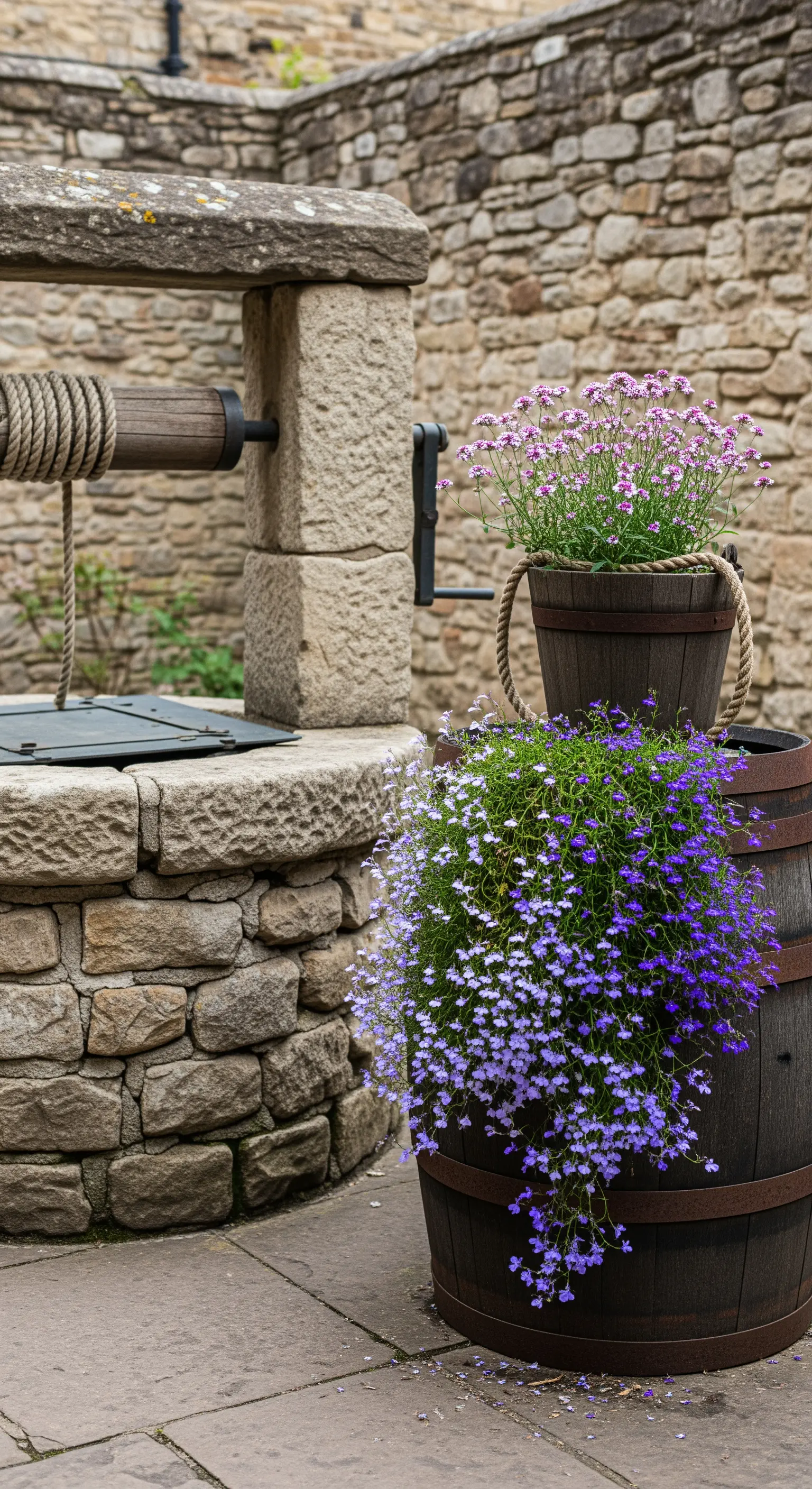 Botte con fiori viola a cascata, posizionata accanto a un tradizionale pozzo in pietra.