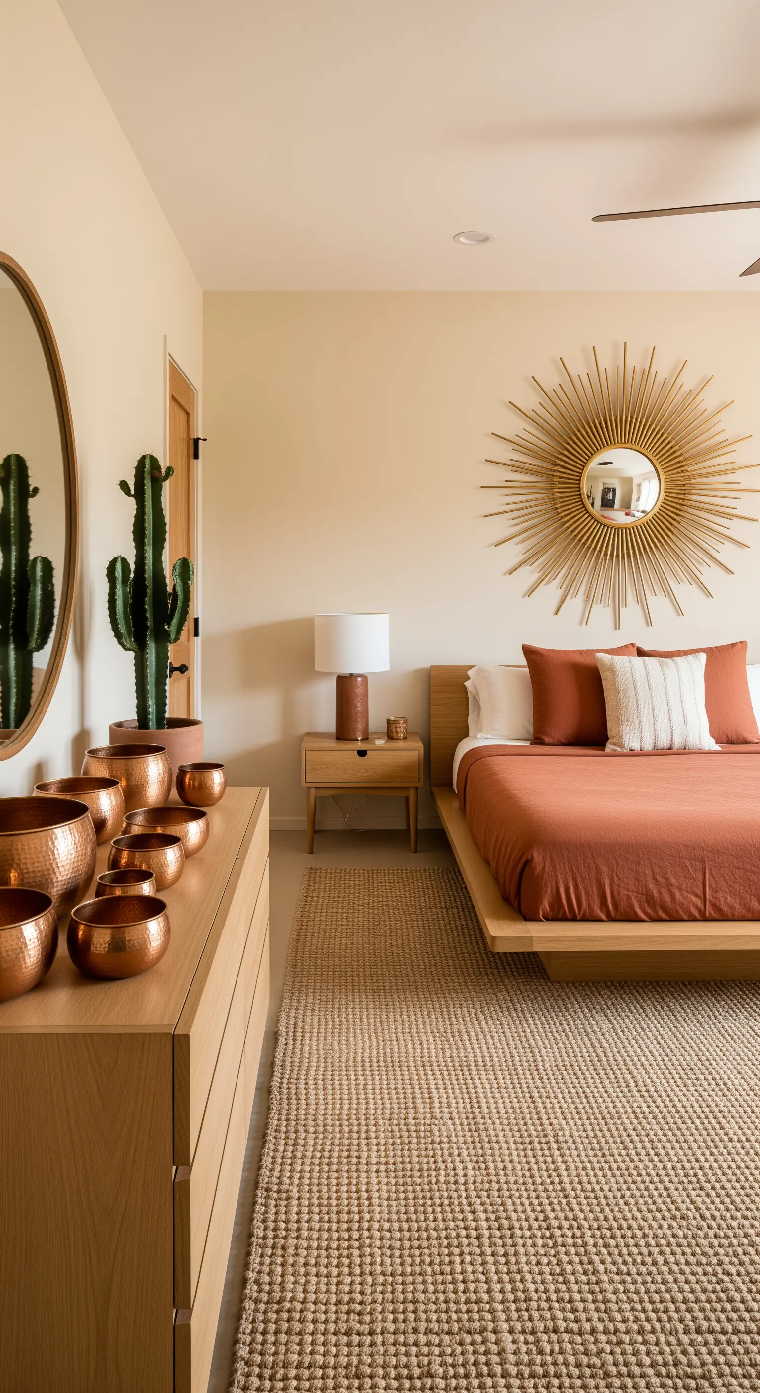 Specchio a raggiera in ottone e una collezione di ciotole in rame su un comò.