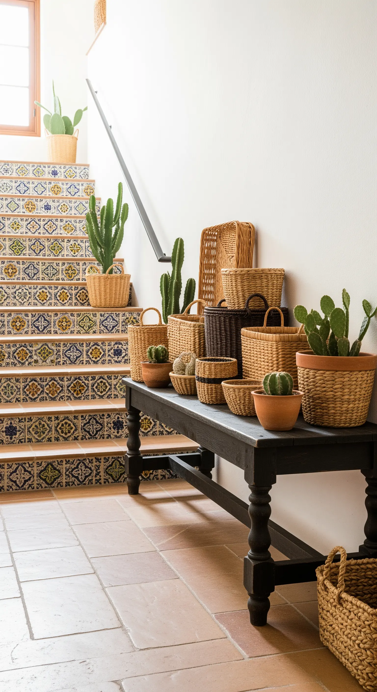 Panca scura usata come espositore per una collezione di cesti, cactus e piante grasse.