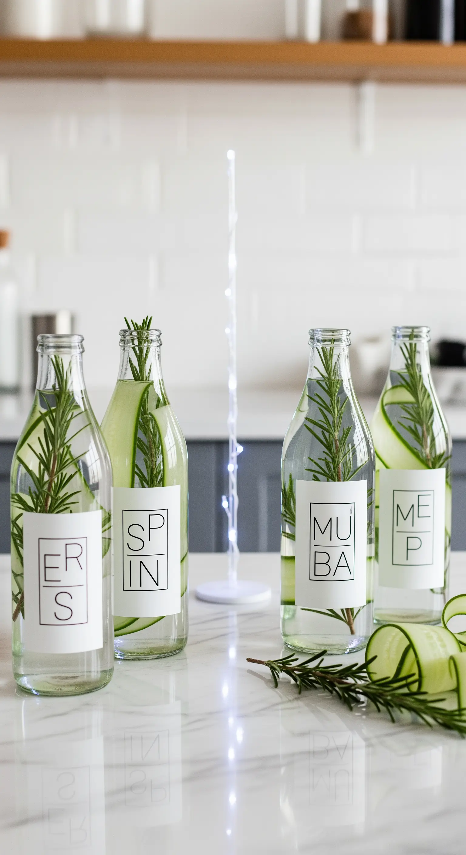 Bottiglie di vetro con acqua aromatizzata al cetriolo e rosmarino ed etichette tipografiche minimal.