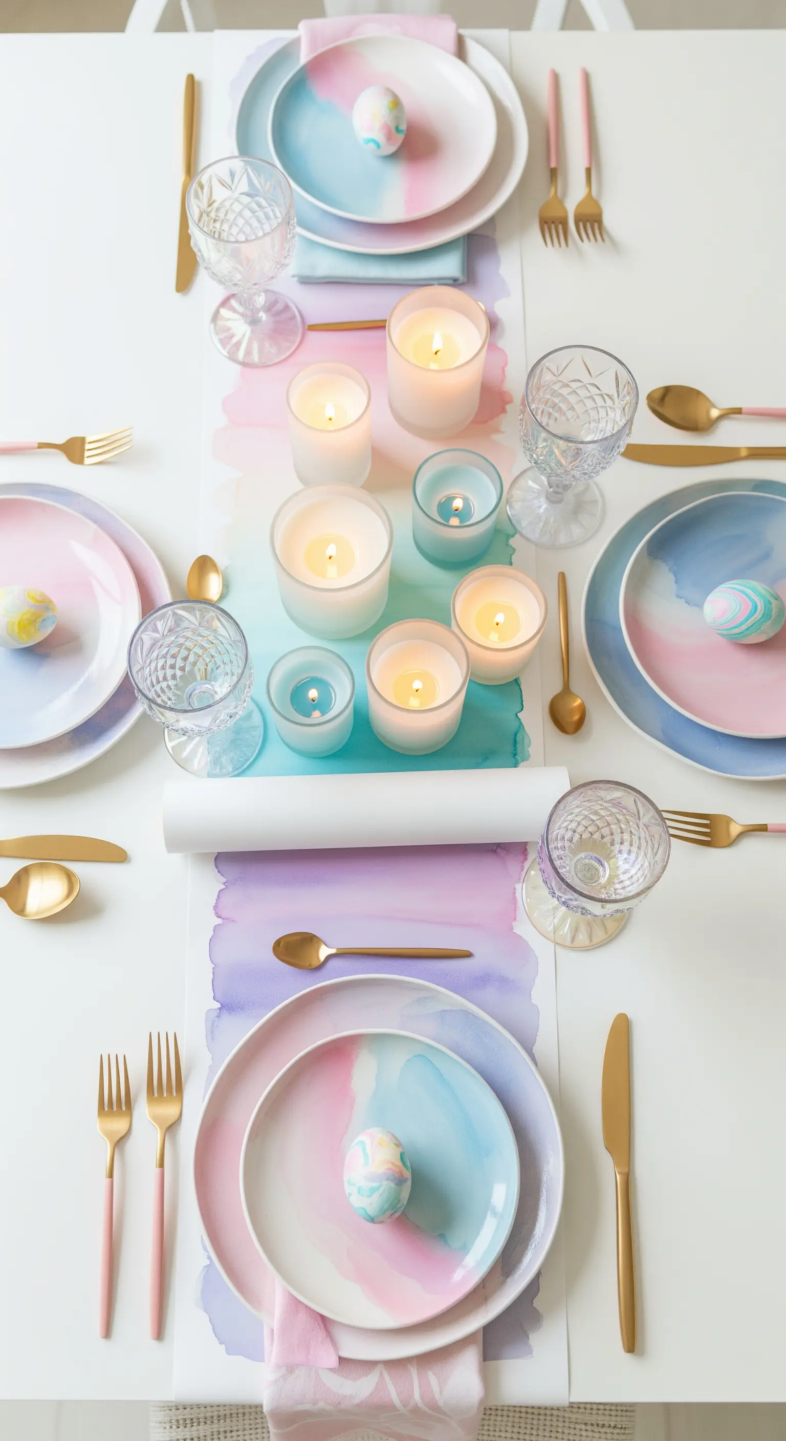 Tavola pasquale con runner e piatti effetto acquerello nei toni del rosa e dell'azzurro.