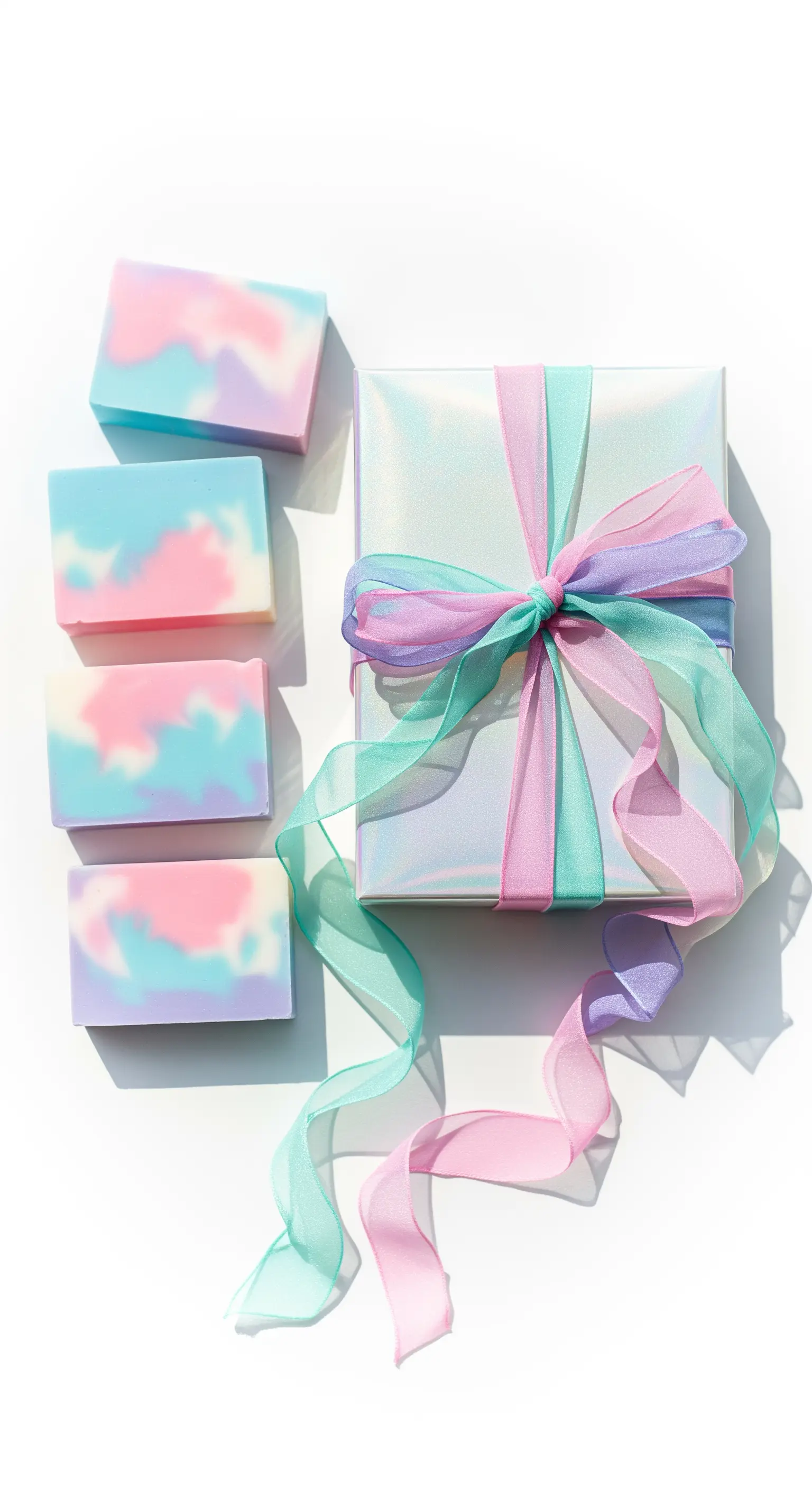 Saponi dai colori pastello sfumati, con una scatola legata da nastri di organza multicolore.