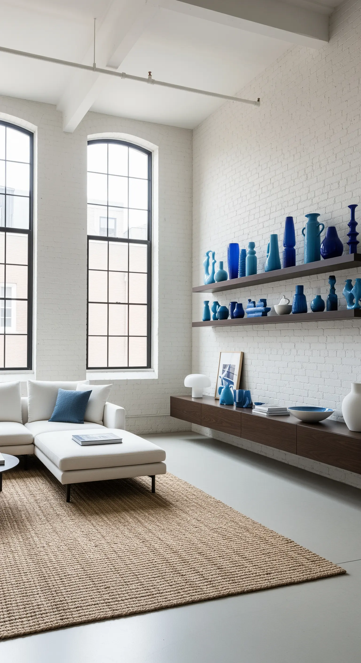 Loft con parete di mattoni bianchi e mensole con una collezione di vasi in ceramica blu.