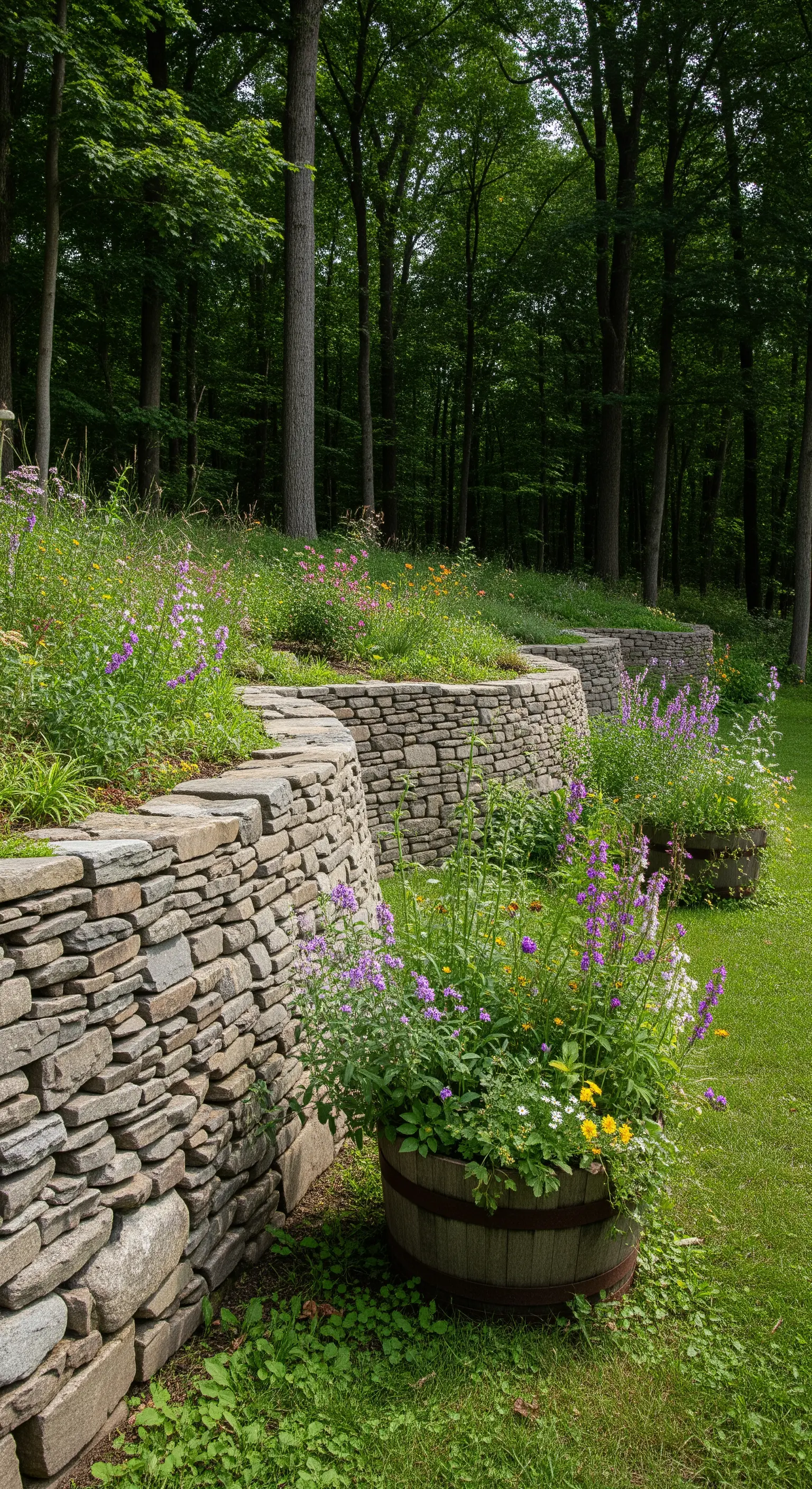 Muretti a secco terrazzati in un bosco, con botti piene di fiori di campo dai colori misti.