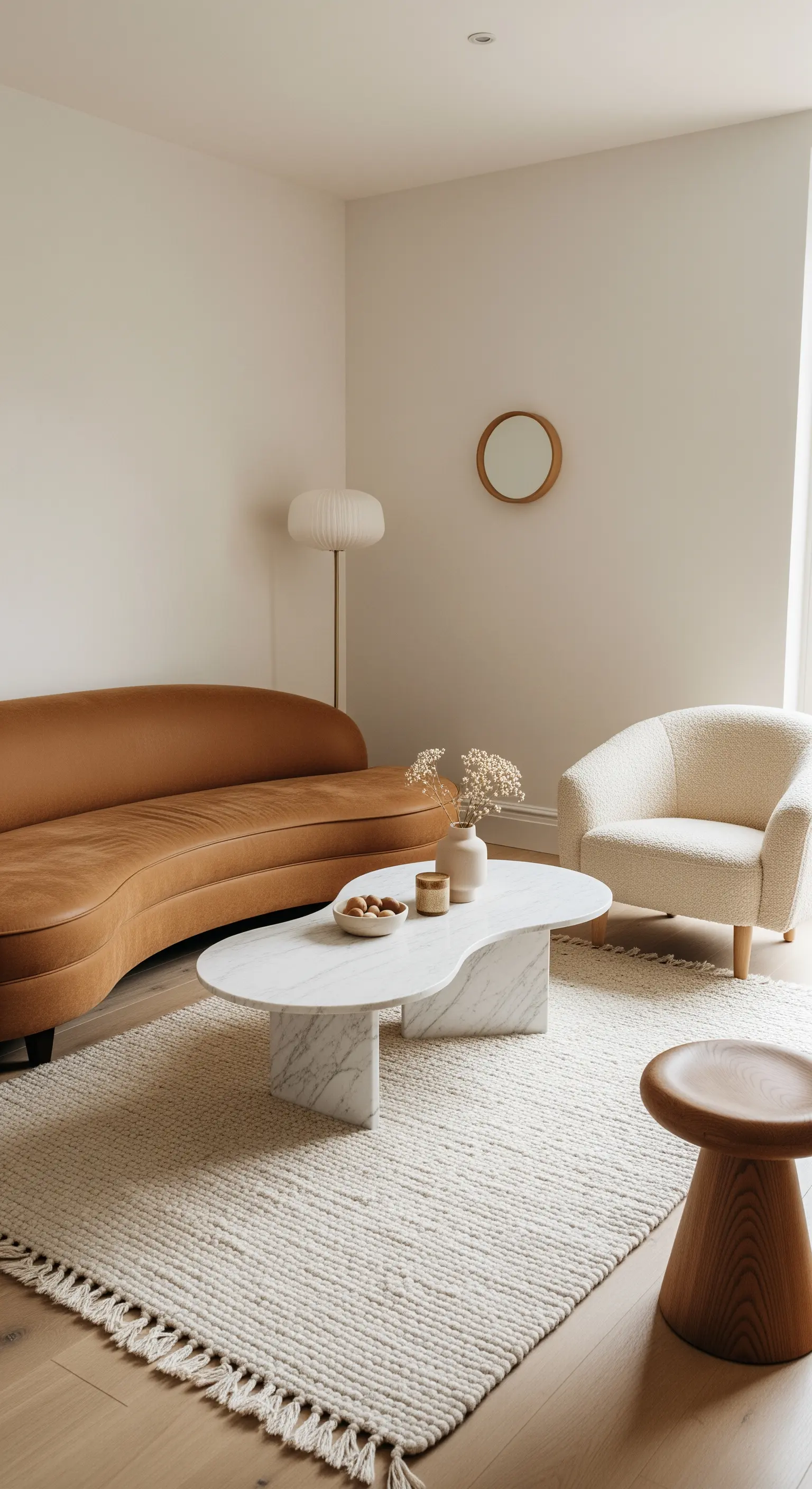 Salotto minimalista con divano curvo in pelle, tavolino organico in marmo e poltrona bouclé.